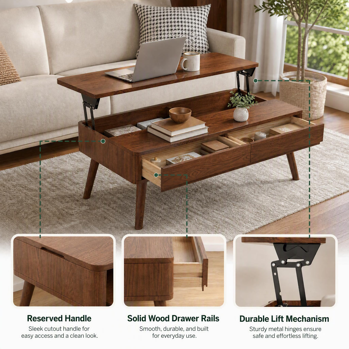 Wayshome Solid Oak Lift Top Coffee Table with Drawers, Walnut, 47.24"