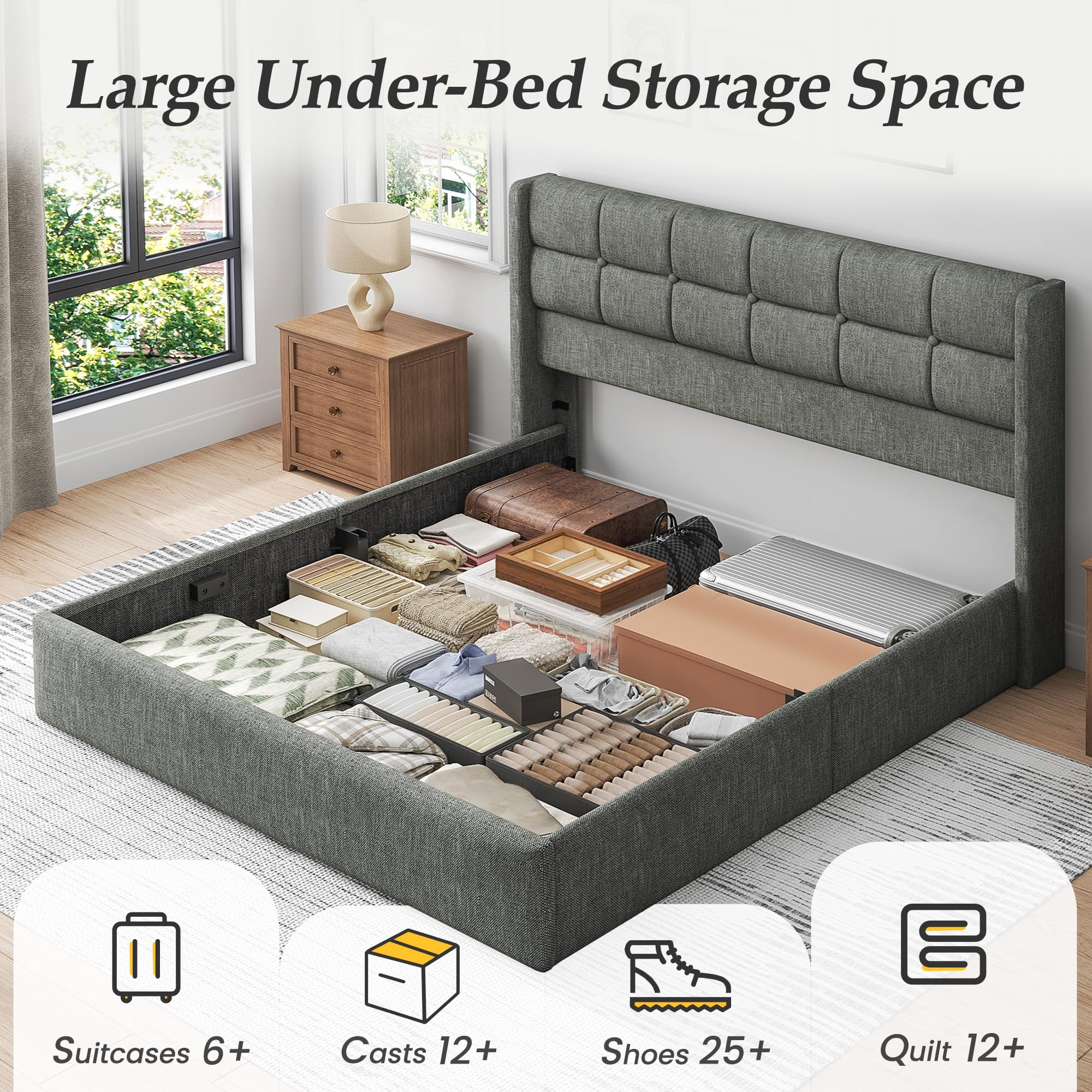 Lifezone Queen Size Lift Up Storage Bed Frame, Linen Upholstered Queen Platform with Button Tufted Wingback Headboard and Under-Bed Storage, Hydraulic Support, No Box Spring Needed, Noise Free, Grey