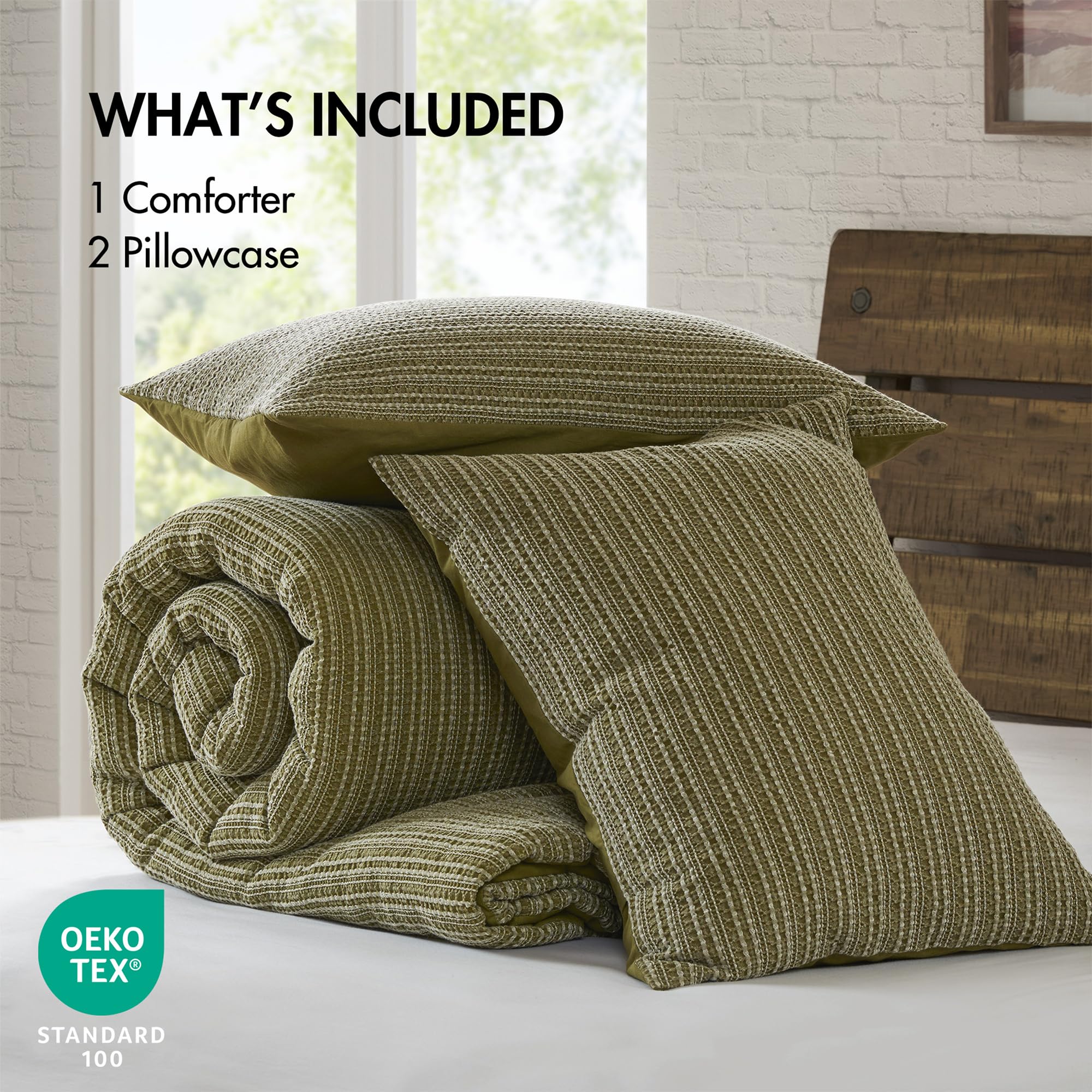 Woolrich Queen Comforter Set Cotton Waffle Pre-Stone Washed, Oversized Comforter, All Season Down Alternative Overfilled Queen Size Comforter, Lyon, Full/Queen Green 3 Piece