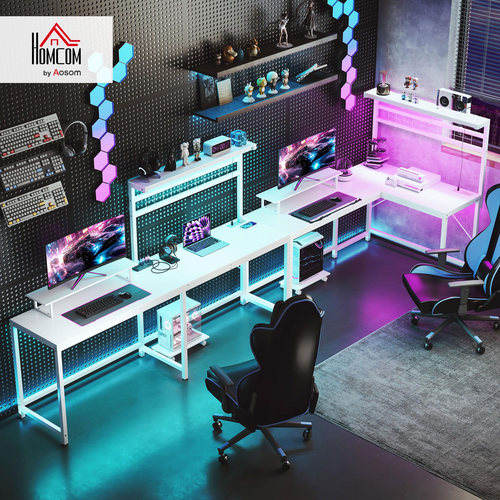 L-Shaped Gaming Desk with LED Lights & Power Outlets