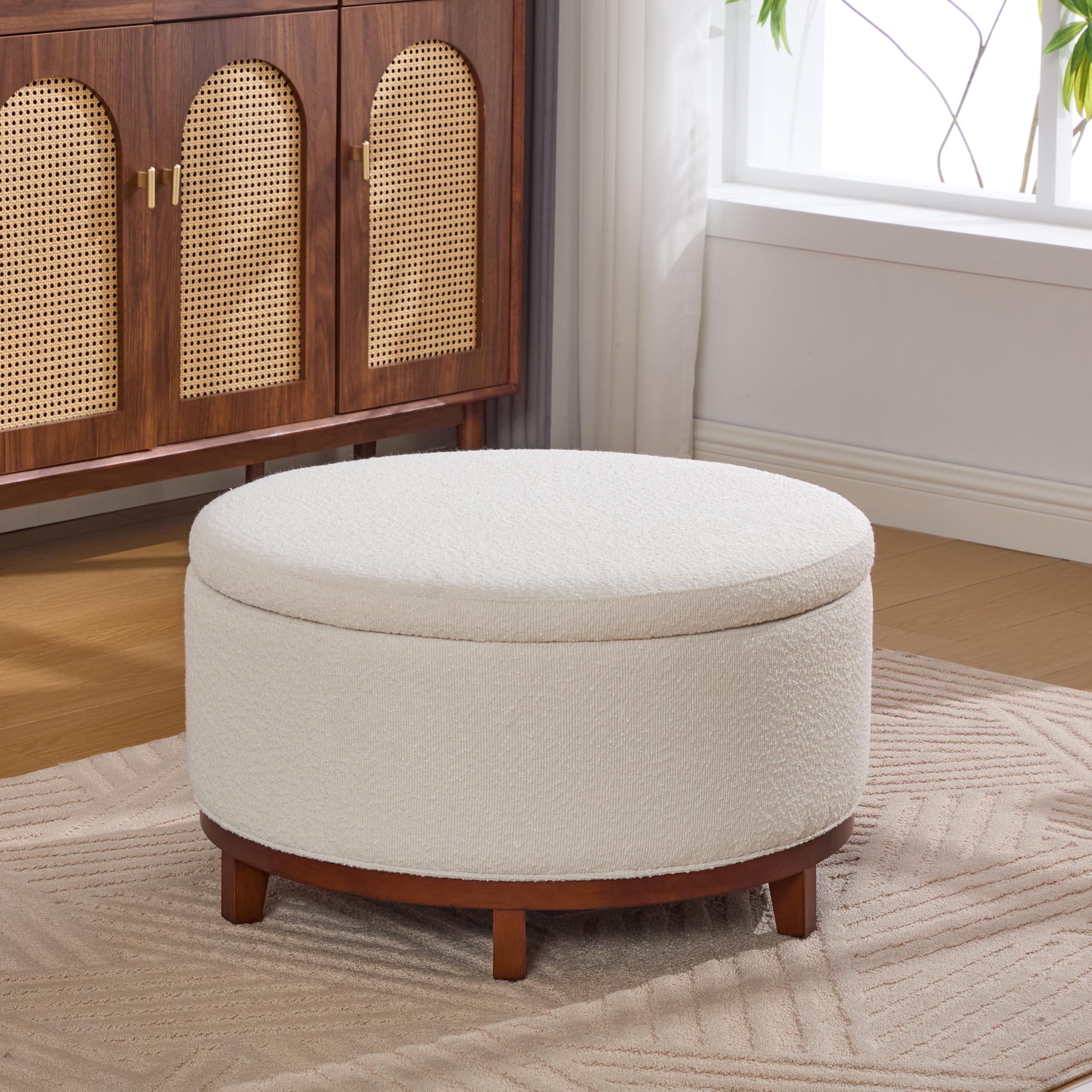 Christopher Knight Home Inla Modern Round Ottoman with Storage for Living Room, Lift-Lid Storage Ottoman Coffee Table, Boucle Upholstered Ottoman Foot Rest, Wooden Toy Box Storage, Light Beige+Brown