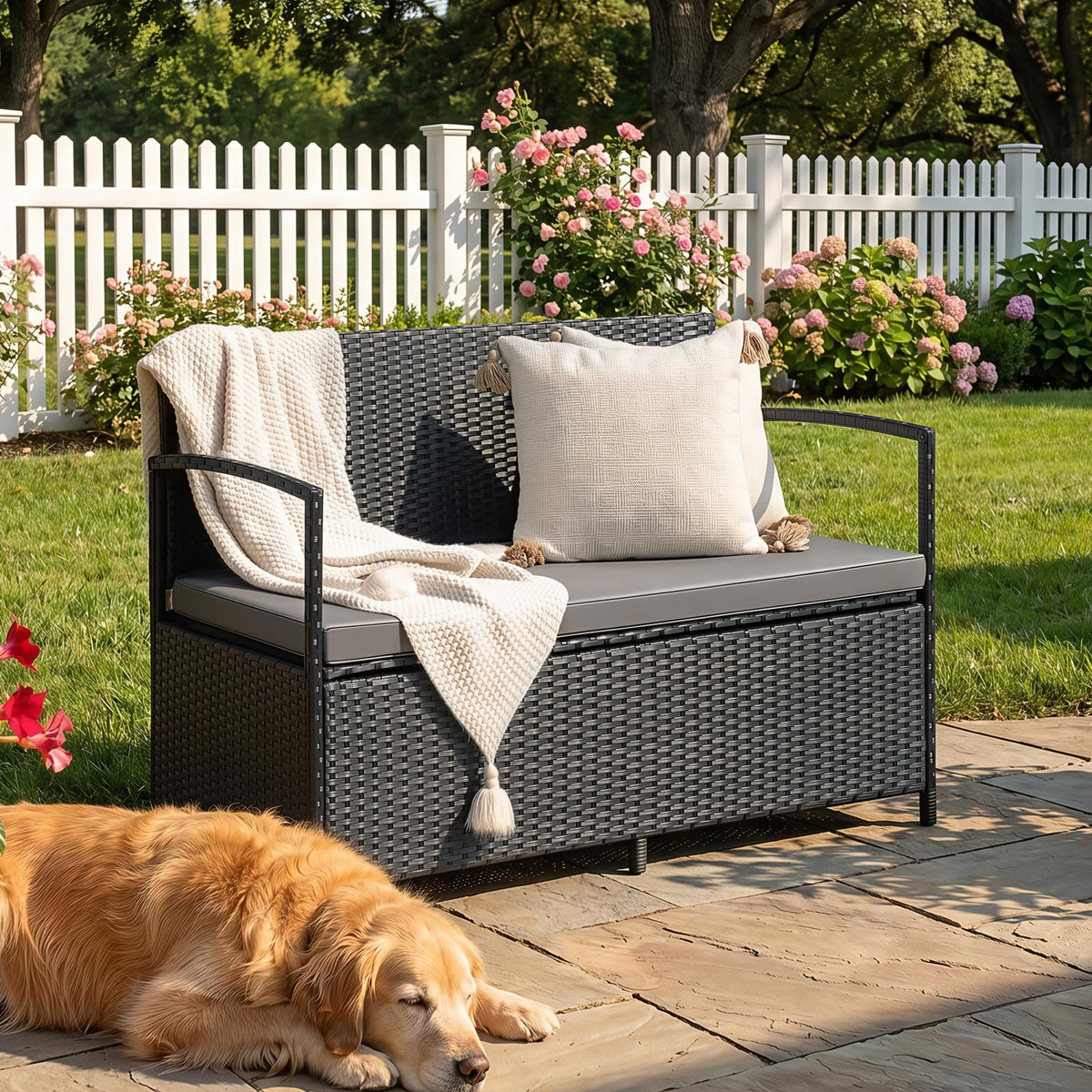 Black Wicker Storage Loveseat