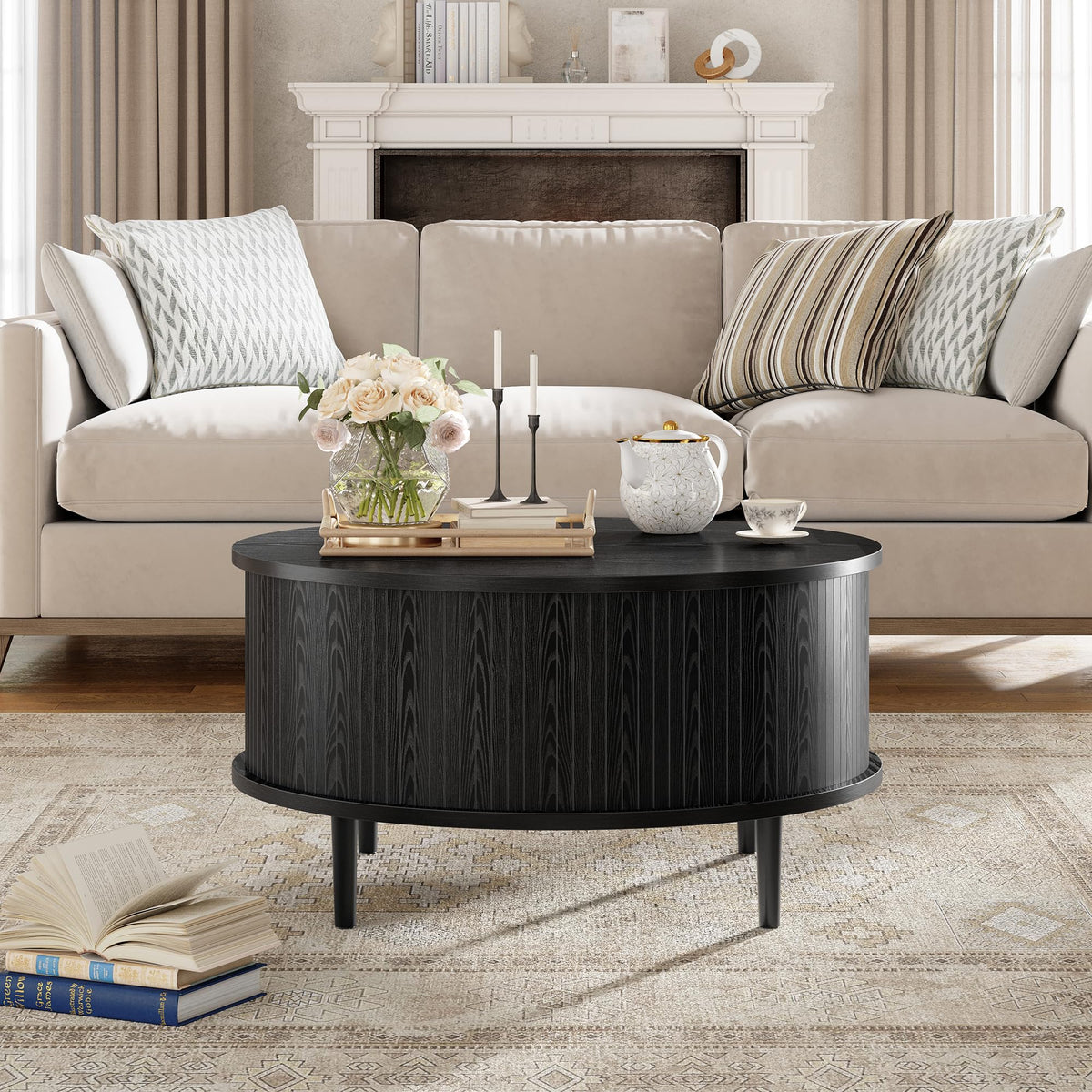 Garvee Round Coffee Table with Storage, 31.5" Lift Top Center Table, Black