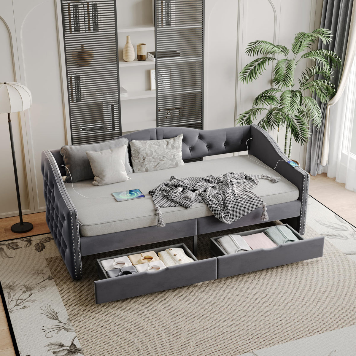 KEIKI Full Size Daybed with 2 Drawers & USB Charging Port, Upholstered Velvet Captains Bed Frame with Storage for Bedroom/Guestroom/Dorm, Gray