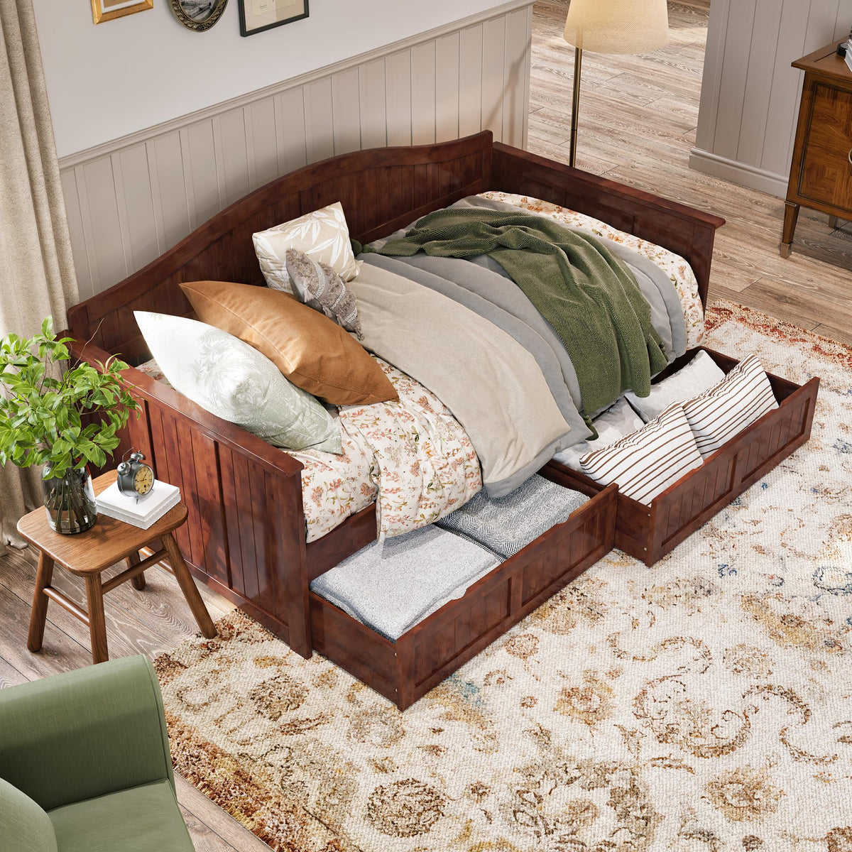 AFI, Nantucket Twin Size Wood Daybed Frame with 2 Storage Drawers, Walnut