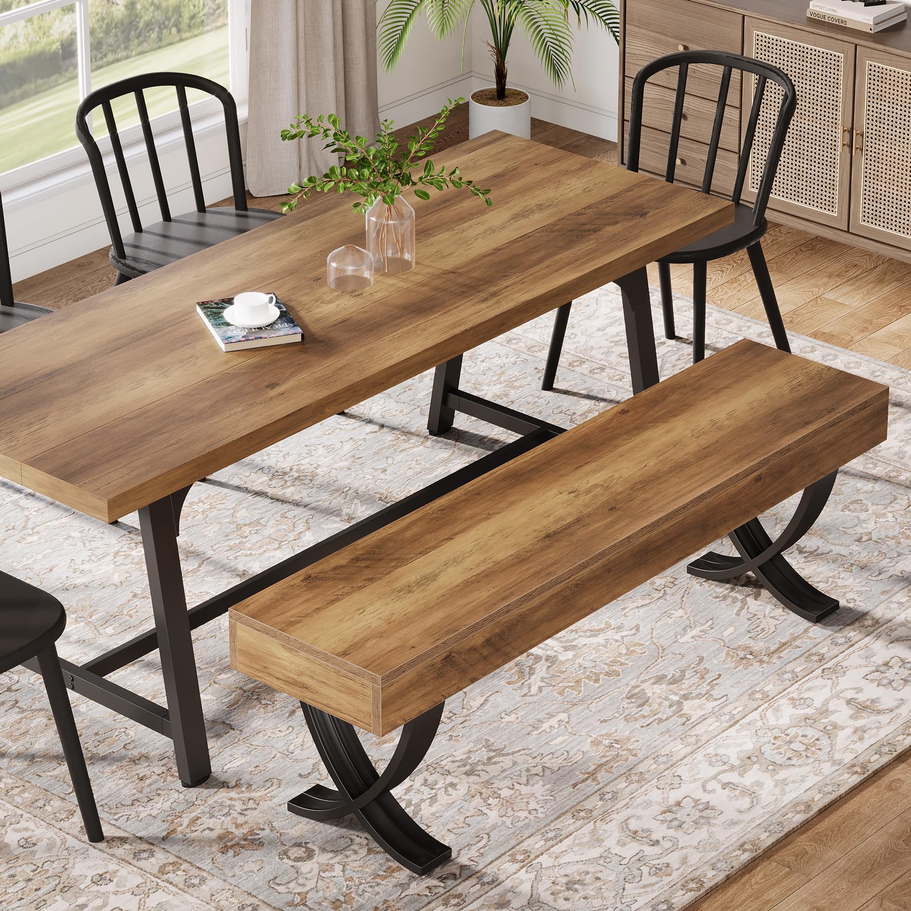 55-Inch Farmhouse Dining Bench with Metal X-Shaped Legs