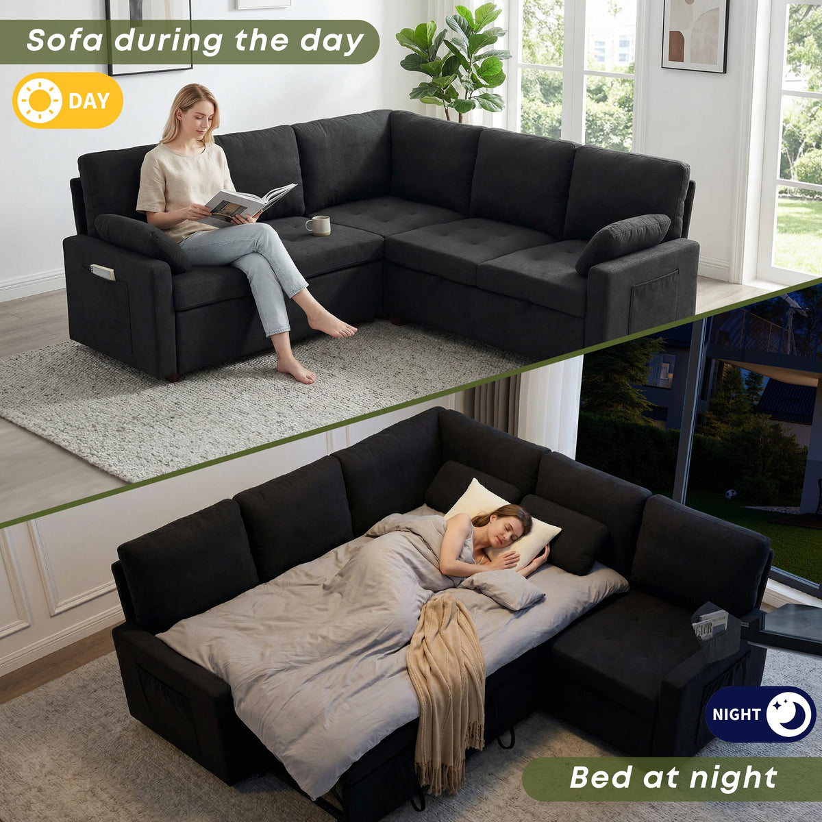 Huatean Home 82" Pull Out Couch with Storage, Sleeper Sofa, 5 Seat L Shaped Sectional Couches for Living Room, Modular Sectional Couch with Removable Covers, Black