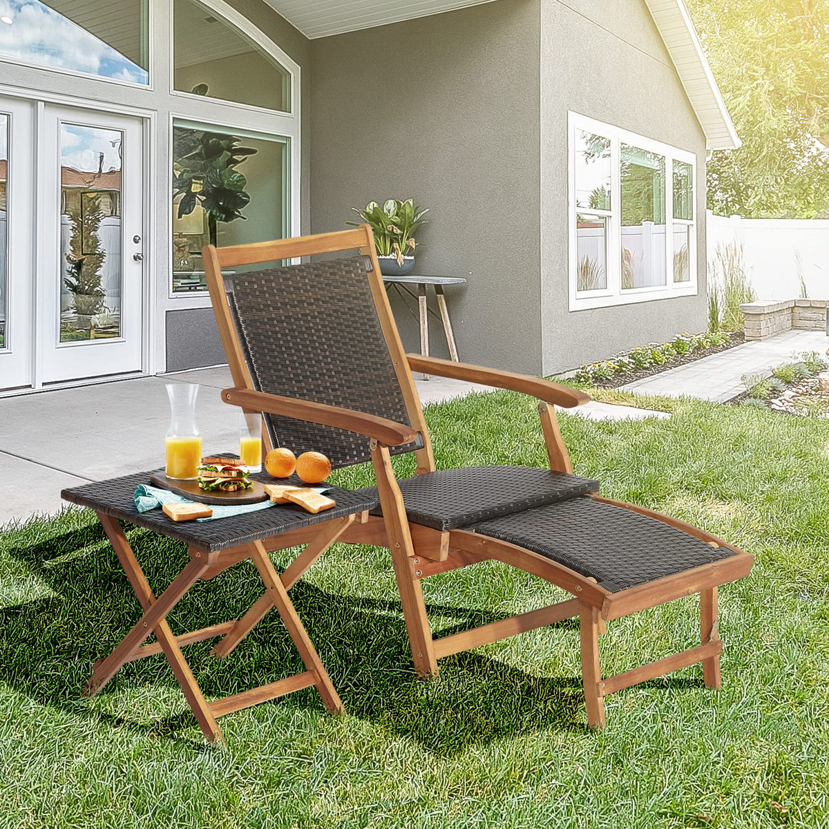 RELAX4LIFE Patio Lounge Chair Set - Outdoor Acacia Wood Chaise Lounge w/Side Table, Armrest & Retractable Ottoman, Rattan Seat, Tabletop, Quick Folding Sunbathing Chair for Backyard, Poolside (1)