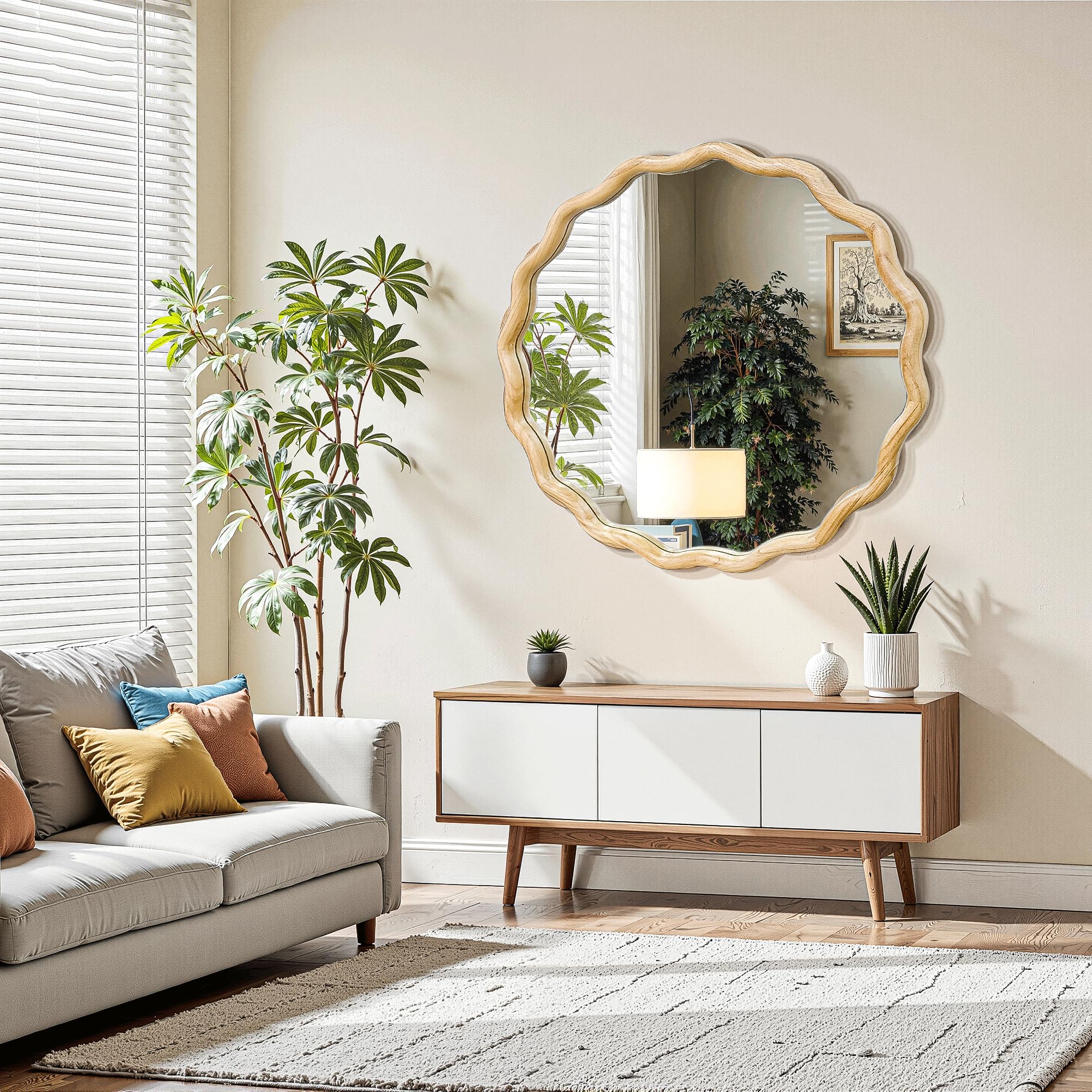 Circle Wood Mirrors for Wall, Wavy Round Bathroom Scalloped Mirror Wooden Frame 28 Inch for Living Room Farmhouse Bedroom Hallway Entryway Living Room with Shatterproof Glass Wall Mounted