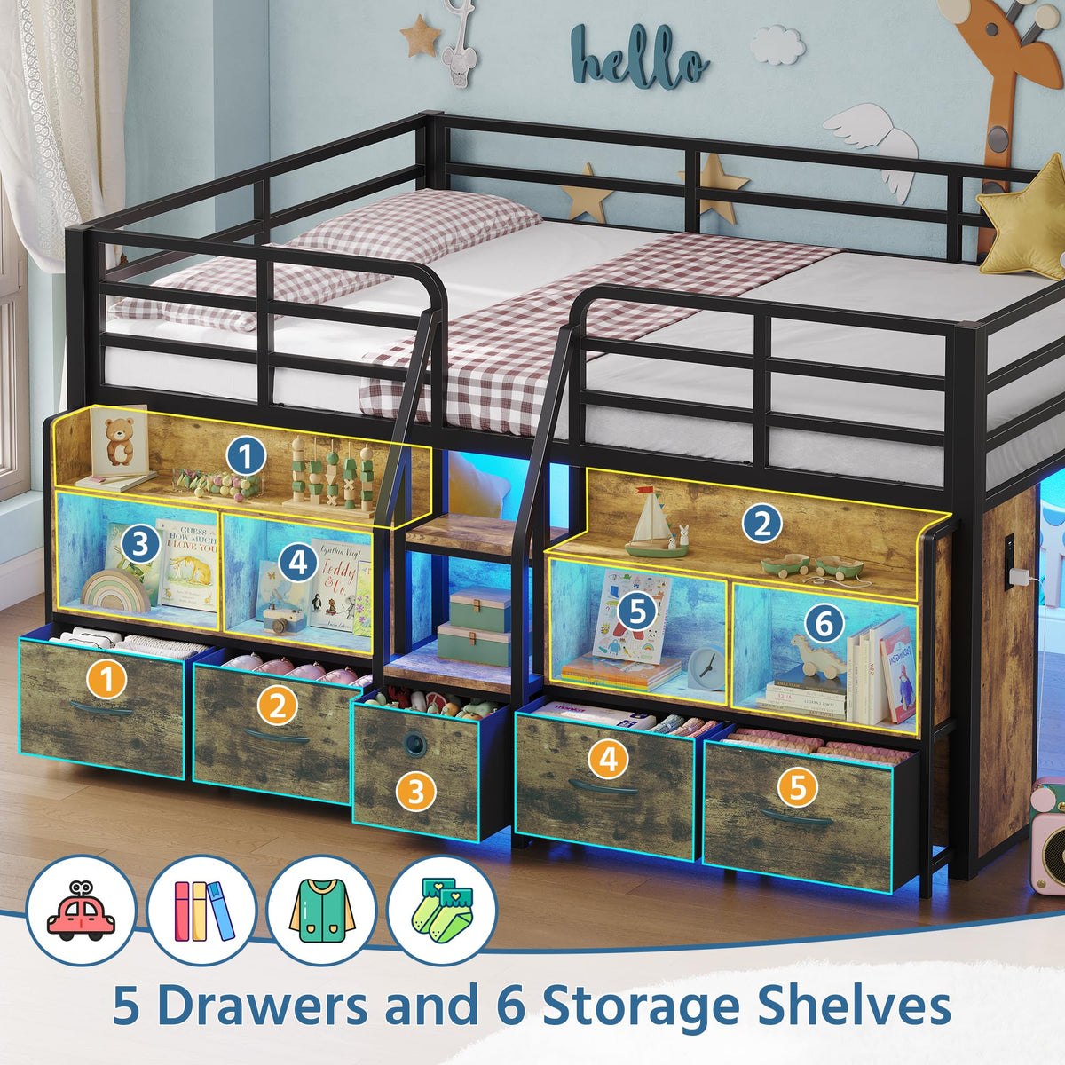 BYSAUD Full Low Loft Bed with 5 Storage Drawers and 6 Bookcases, Brown