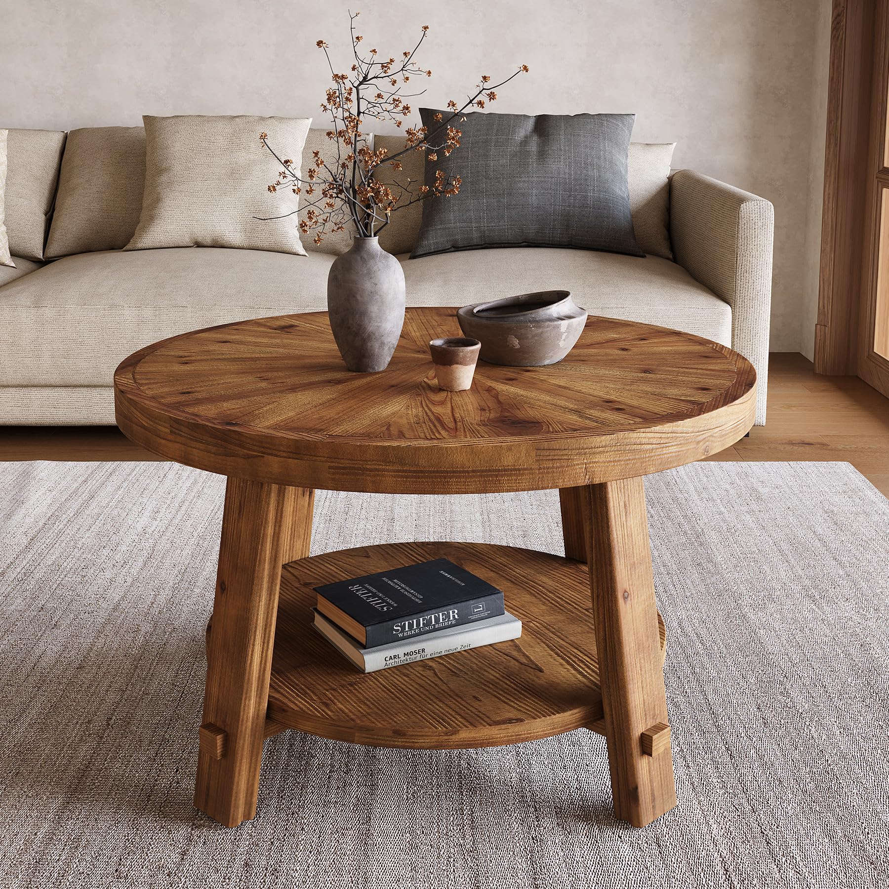 LITTLE TREE Solid Wood Coffee Table with Storage, 2-Tier Farmhouse Round Coffee Table for Living Room, Easy Assembly (Rustic Wood Color)