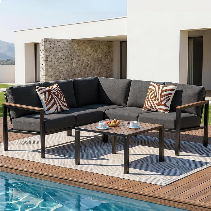 6-Piece L-Shaped Patio Sectional Set with Faux Wood Armrests & Cushions