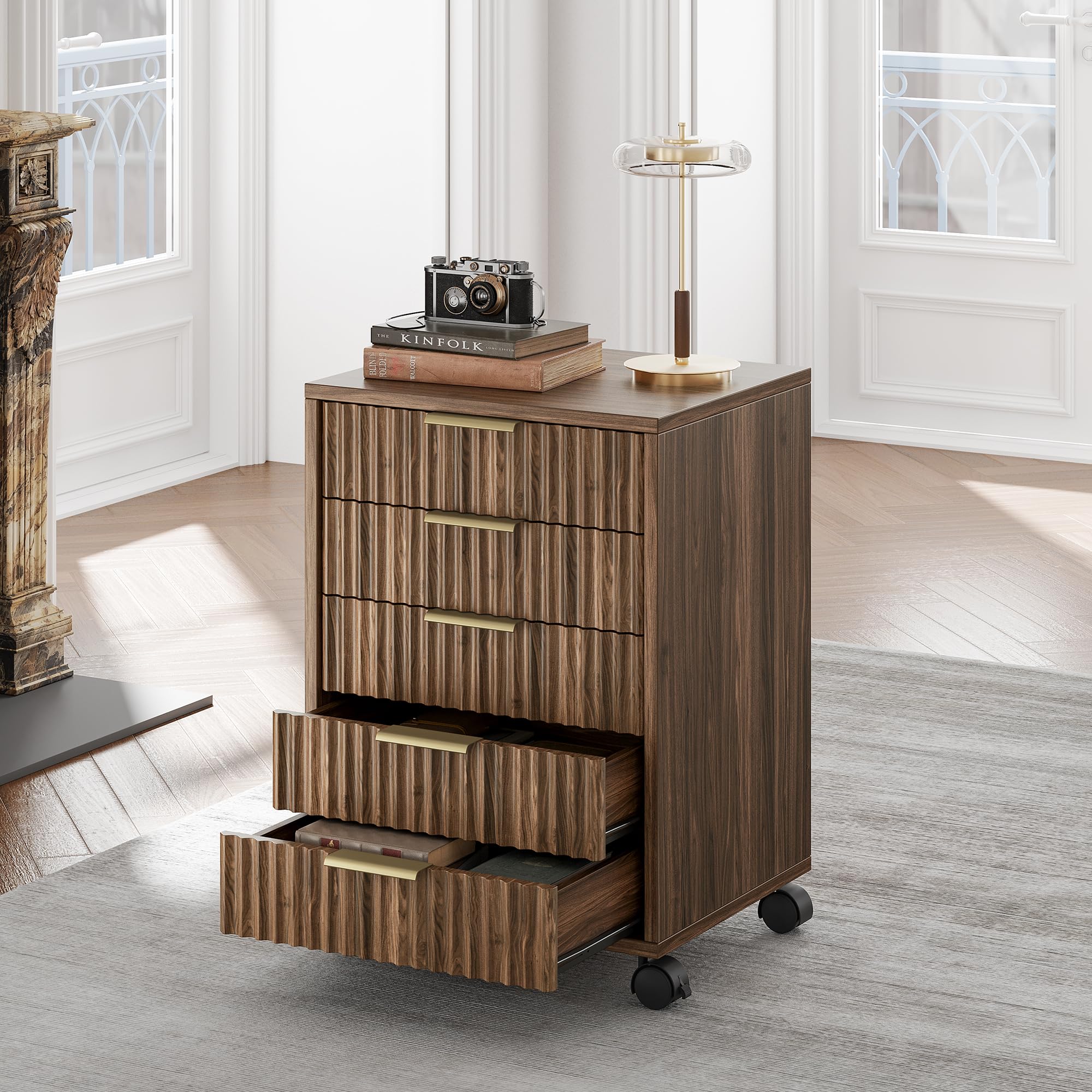 Fluted Mobile File Cabinet with Drawers & Wheels