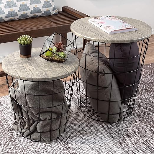 Nesting Side Tables Set of 2 with Wood Tops & Wire Baskets