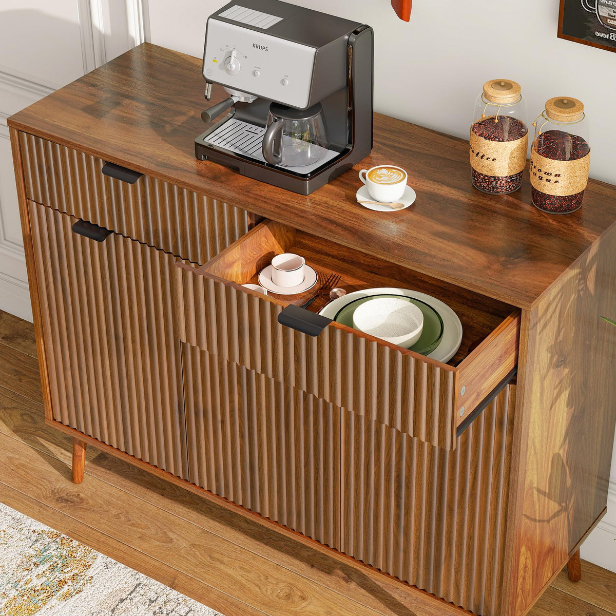 LYNCOHOME Fluted Sideboard Buffet Cabinet with Storage,2 Drawers and 3 Doors,Wood Coffee Bar Cabinet with Solid Wood Feet for Kitchen,Hallway