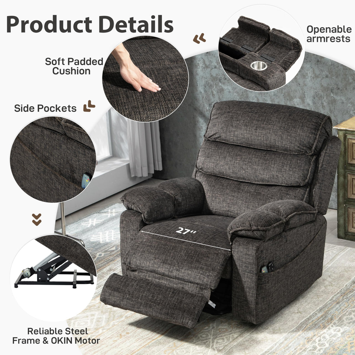 JIKFRIMA 27in Extra Wide Power Lift Recliner Chair for Big Tall Elderly