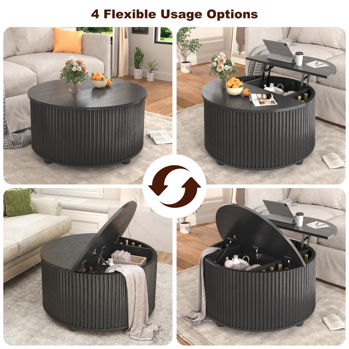 Lift Top Coffee Table w/Storage for Living Room, 35" Modern Round Fluted Coffee Tables w/Large Hidden Space, Wood Living Room Table w/Gas Lift, Center Table for Bedroom, Home Office,Black