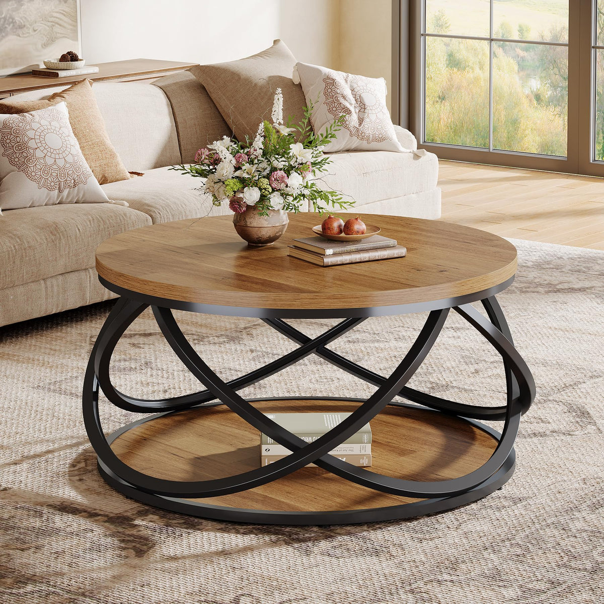 Round Coffee Table with Storage Shelf