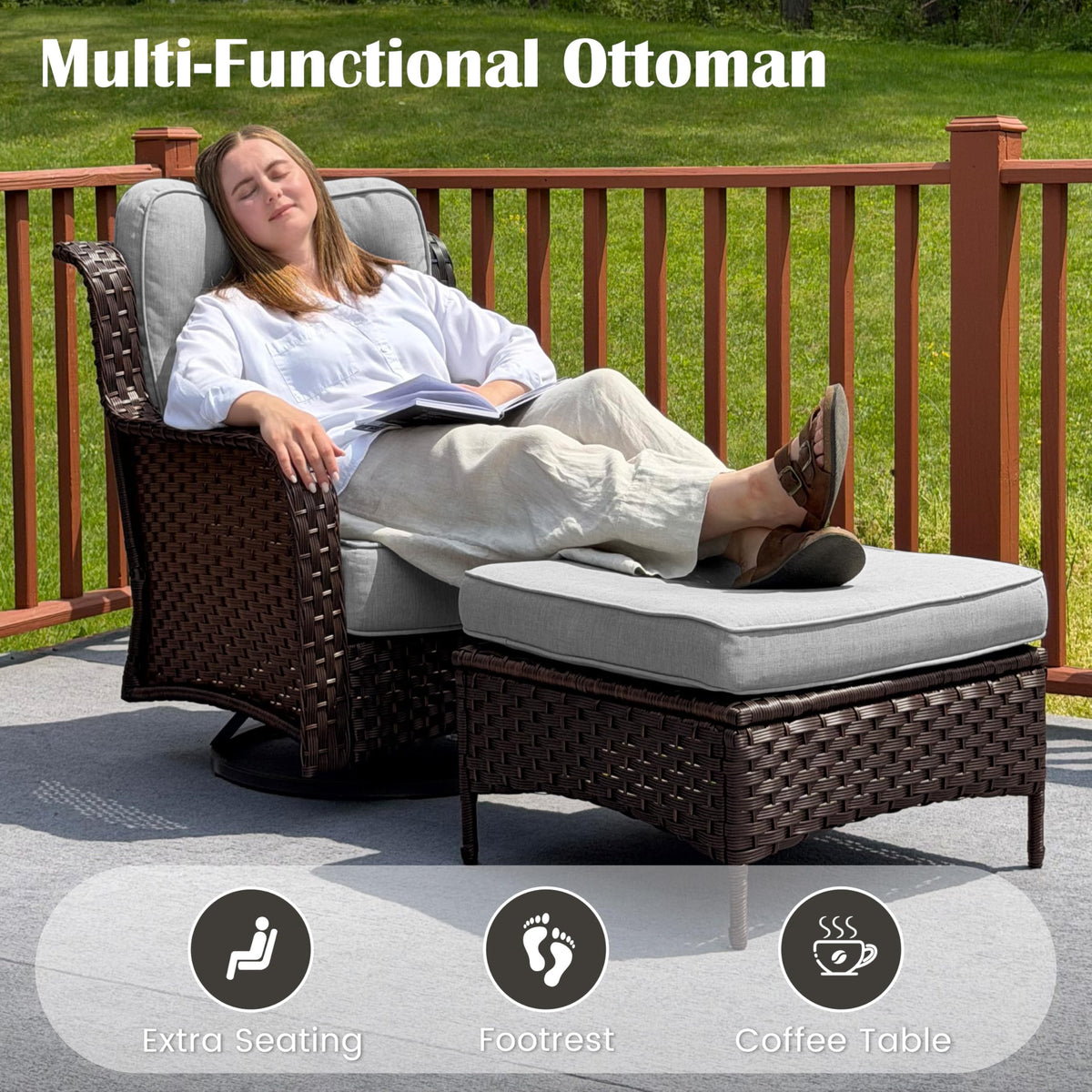 Sundale Outdoor Set of 2 Wicker Ottomans, 22.83" x 22.83" Outdoor Footrest with 4" Thick Large Cushions, All Weather Rattan Patio Ottoman for Footstool, Side Table (Grey)