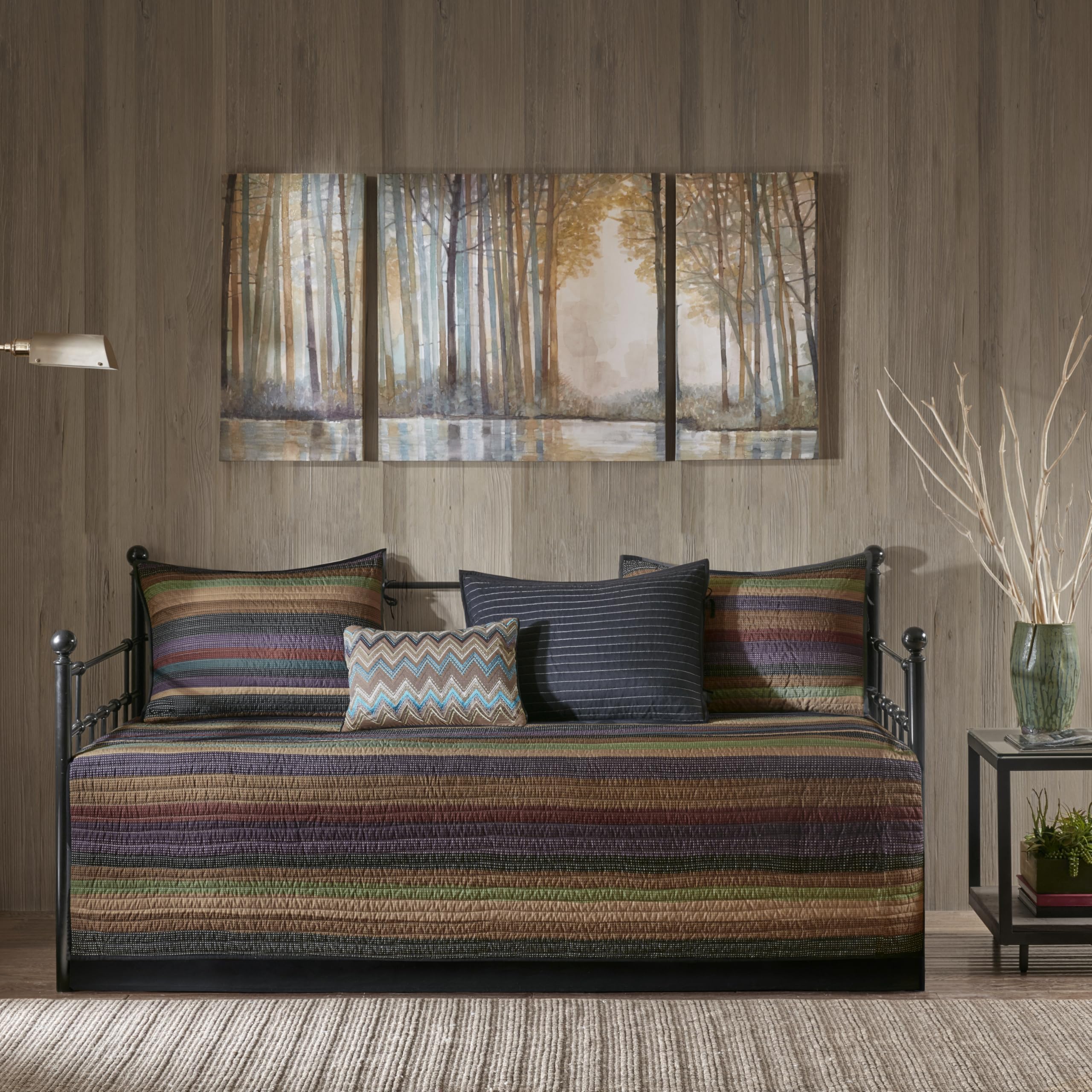 Madison Park Daybed Cover Double Sided Quilting Casual Design All Season Bedding Set with Bedskirt, Matching Shams, Decorative Pillow, 75 in x 39 in, Yosemite, Purple Teal