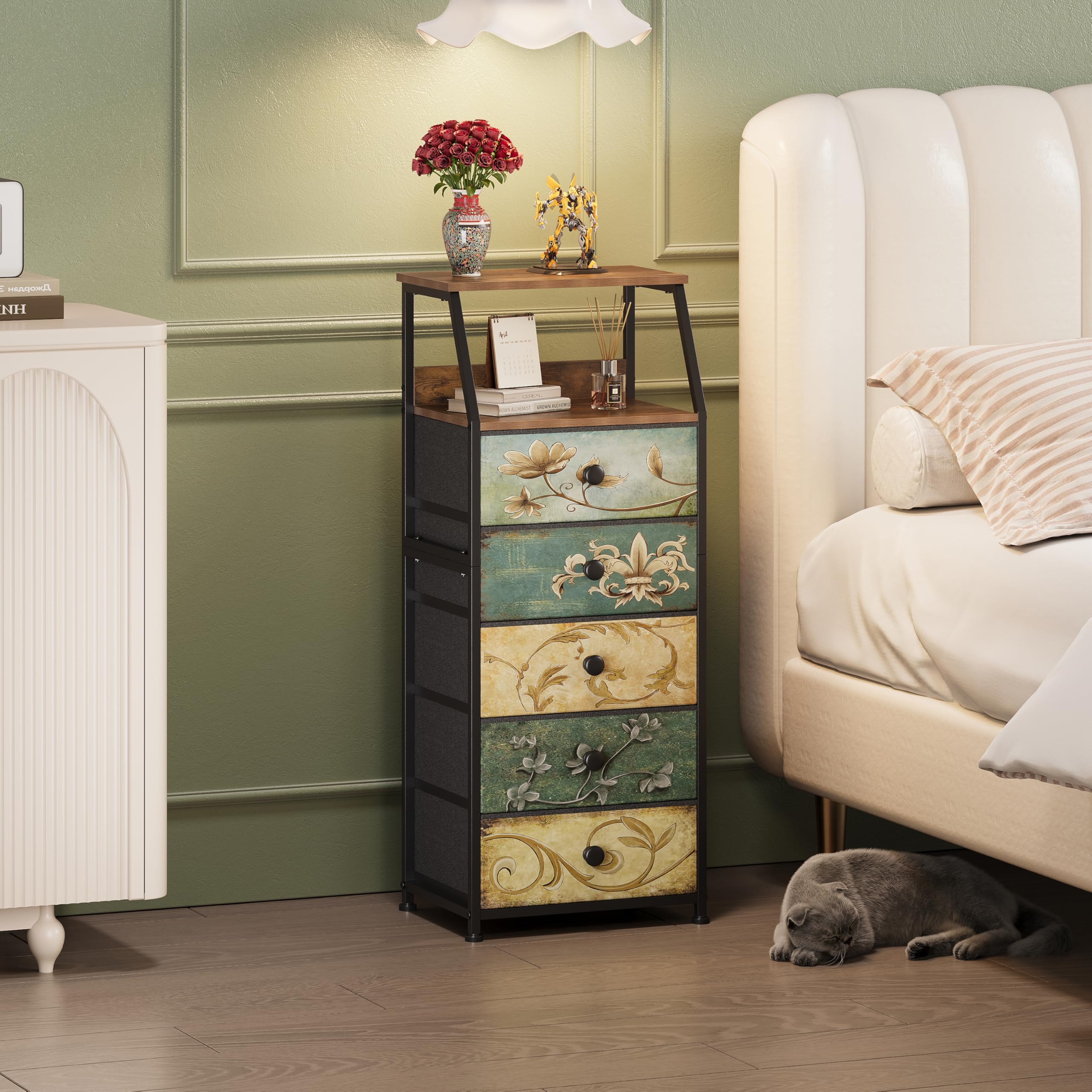Fabric Dresser with Drawers & 2-Tier Shelf