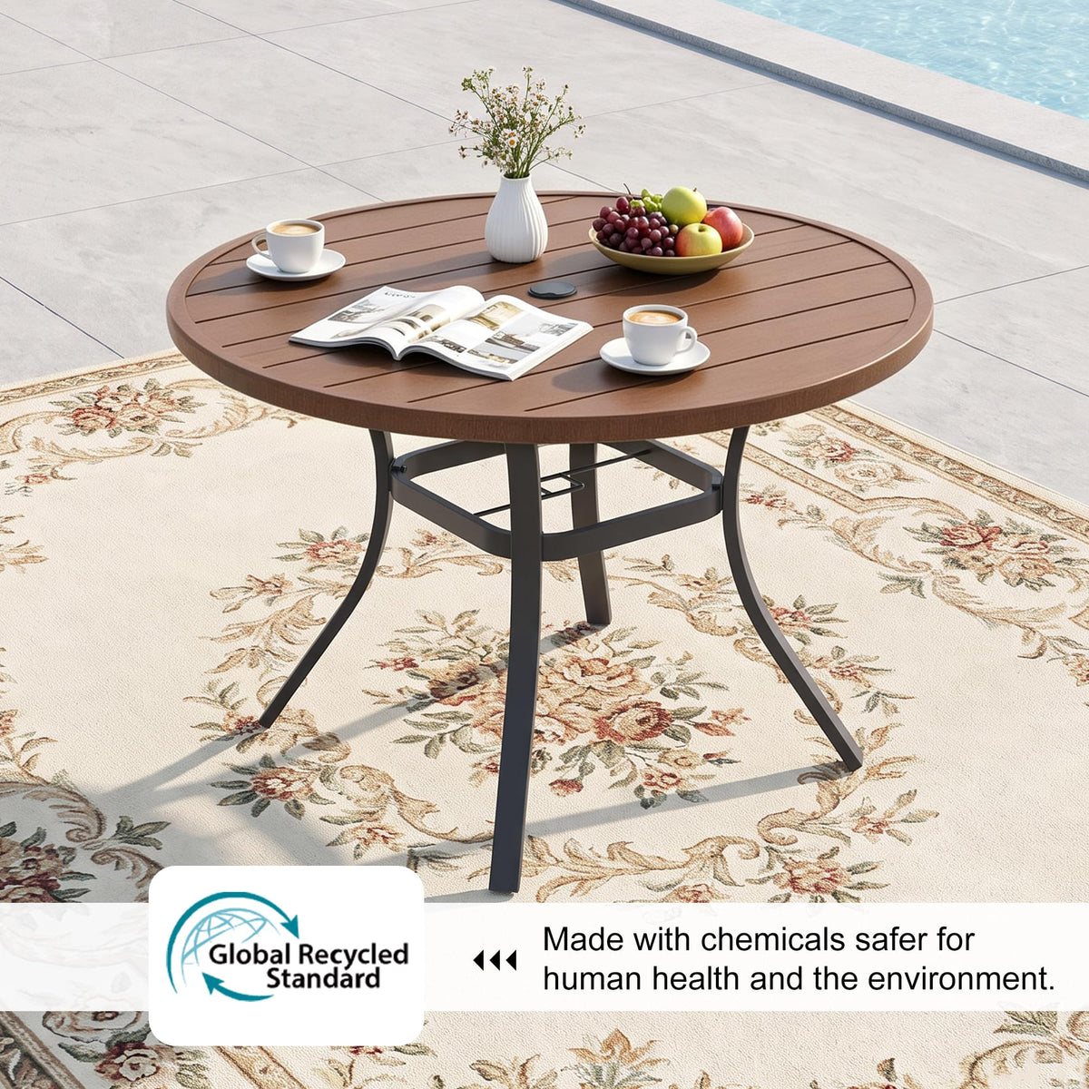 Anmutig 41" Round Outdoor Dining Table Metal Patio Table Brown Top