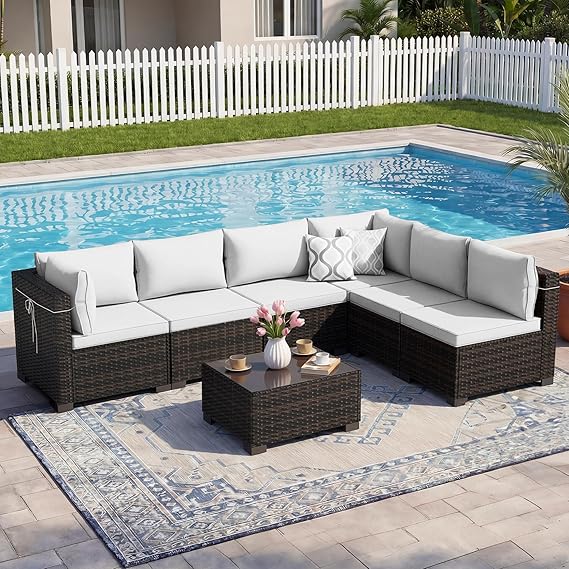 7-Piece Outdoor Rattan Patio Furniture Set with Tea Table