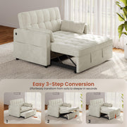 Yaheetech 3 in 1 Sofa Bed Convertible Velvet Sofa Pull Out Couch Folding Loveseat Sleeper with Adjustable Backrest, Armrest Pillows, USB Ports, Side Pockets for Living Room Bedroom Apartment, Beige
