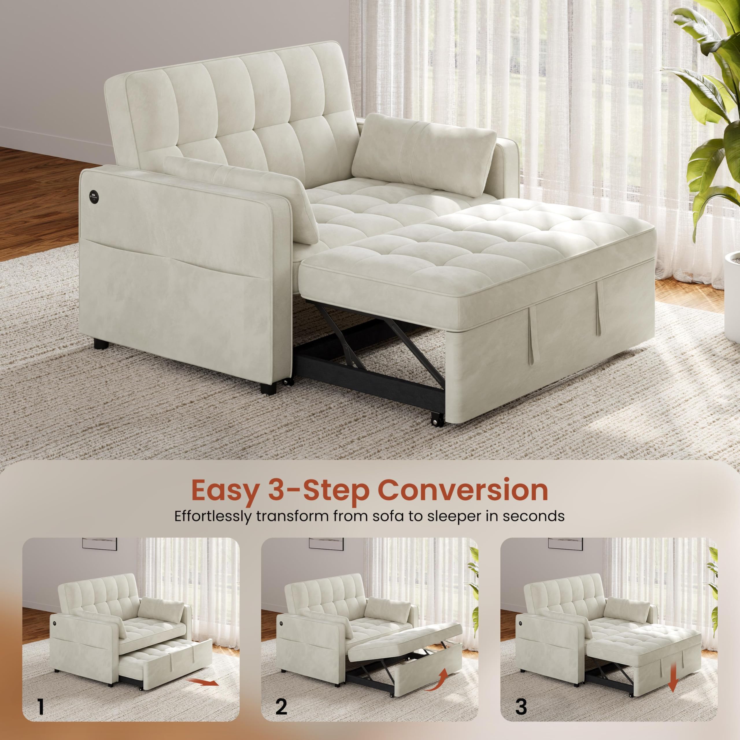 Yaheetech 3 in 1 Sofa Bed Convertible Velvet Sofa Pull Out Couch Folding Loveseat Sleeper with Adjustable Backrest, Armrest Pillows, USB Ports, Side Pockets for Living Room Bedroom Apartment, Beige