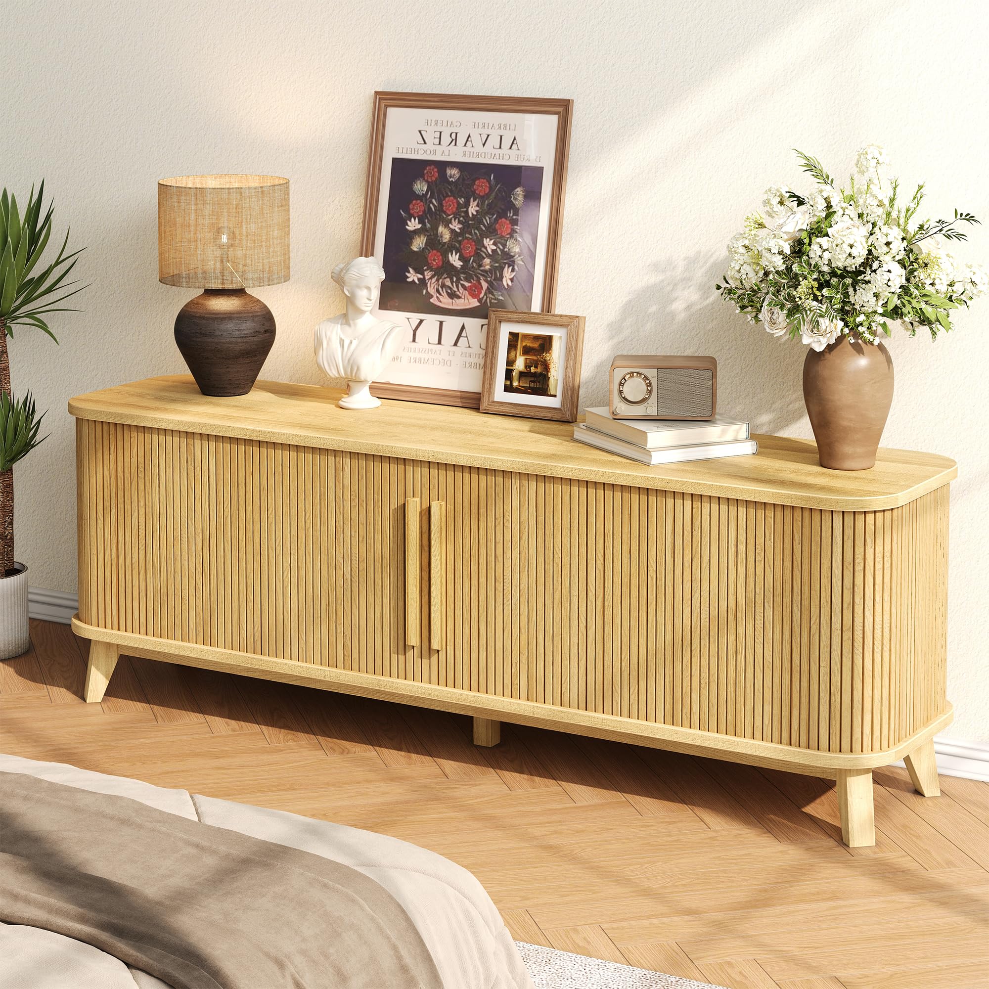 66" Mid-Century Modern TV Stand with Sliding Doors