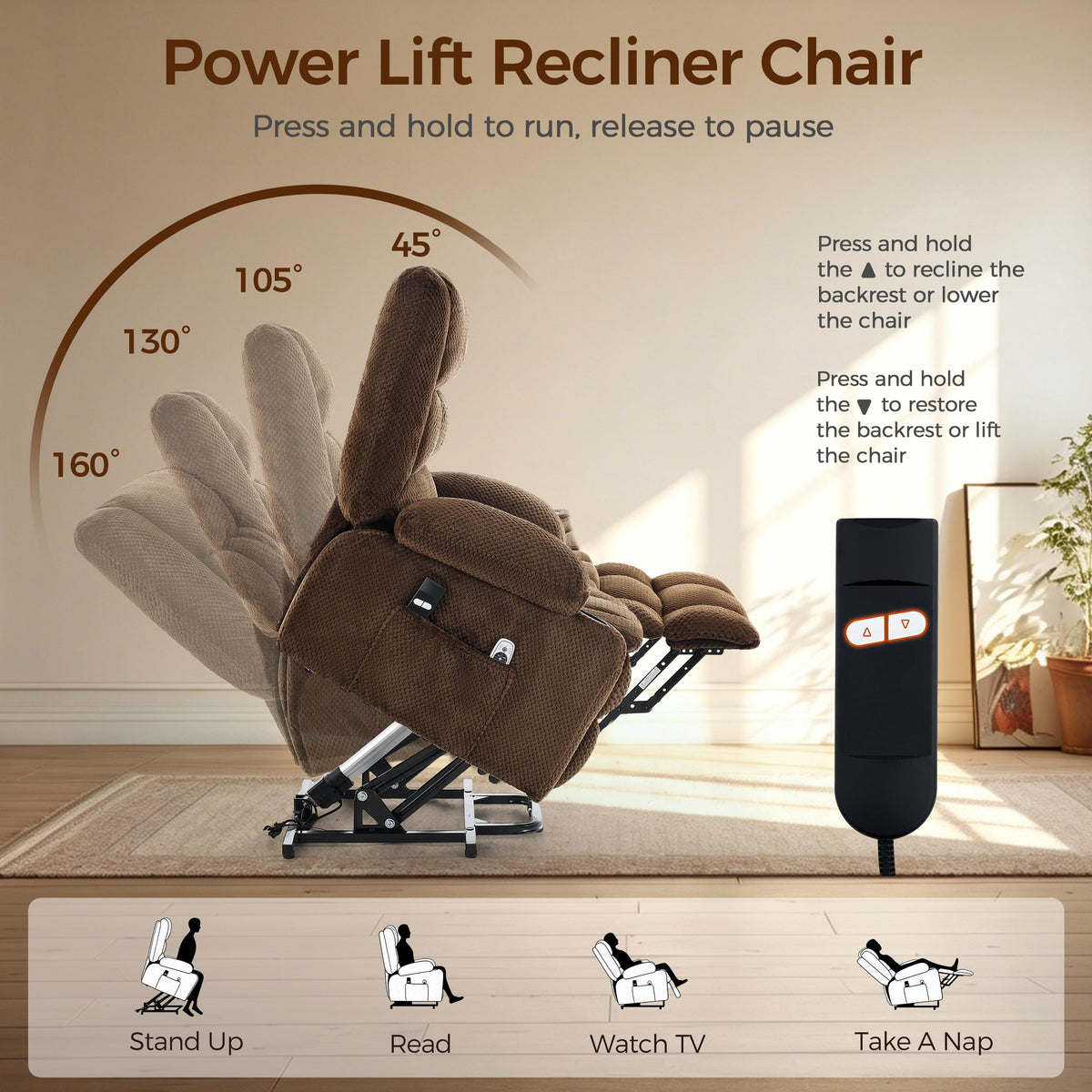 Power Lift Recliner Chair for Elderly, Electric Reclining Lift Chair with Massage and Heating, Comfy Overstuffed Recliner Single Sofa with Cup Holders, Pockets, USB Charge Port for Living Room,Brown