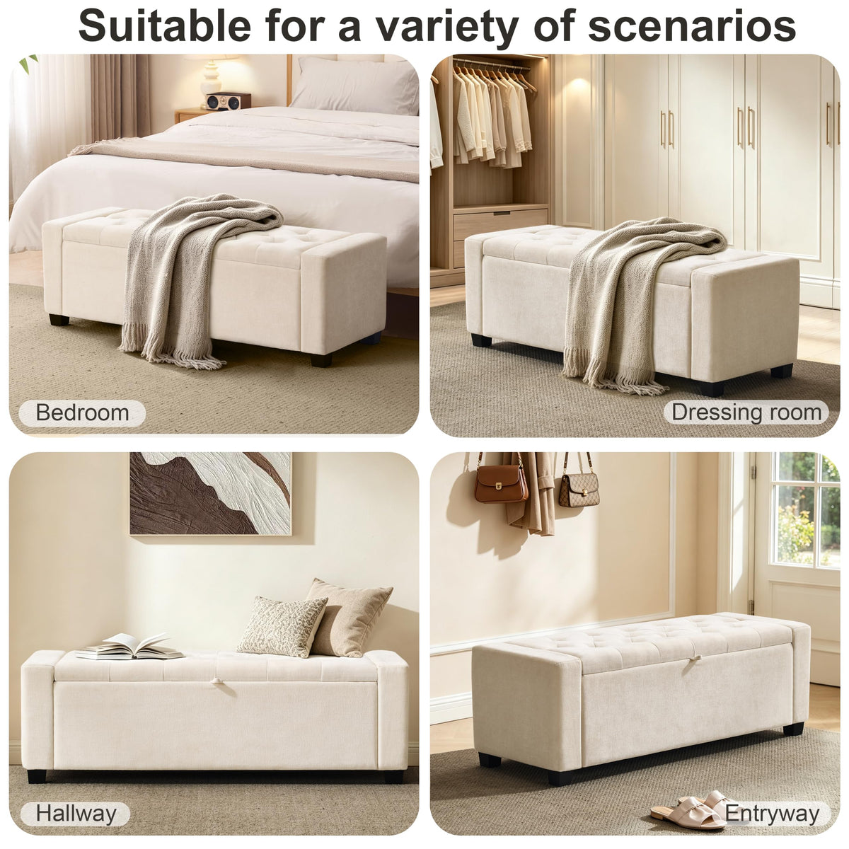 48" Ottoman with Storage, Tufted Linen Storage Ottoman Bench, Beige