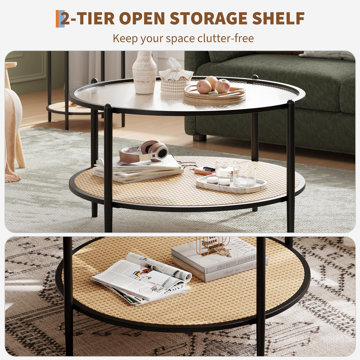 Mid Century Modern Coffee Table with Glass Top and PE Rattan Storage Shelf, 2-Tier 30.7 Inch Wood Round Boho Coffe Table, Metal Frame, Unique Center Table for Livinig Room Apartment Small Space