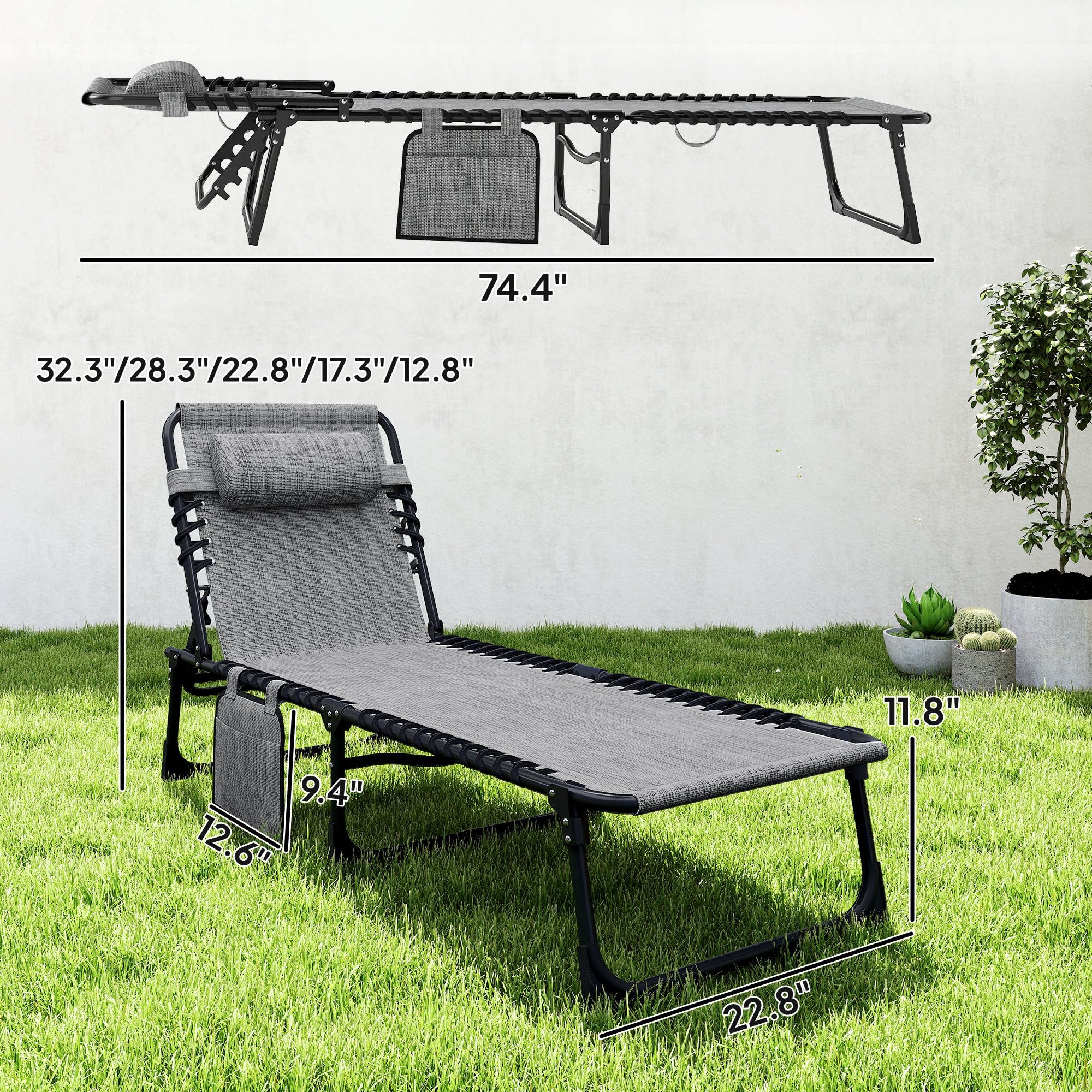 Outsunny Folding Chaise Lounge Chair Outdoor, Sun Tanning Chair with Side Pocket, Carrying Strap, Portable Patio Beach Lounger with 5-Position Reclining Back, Headrest for Pool, Camping, Yard, Gray
