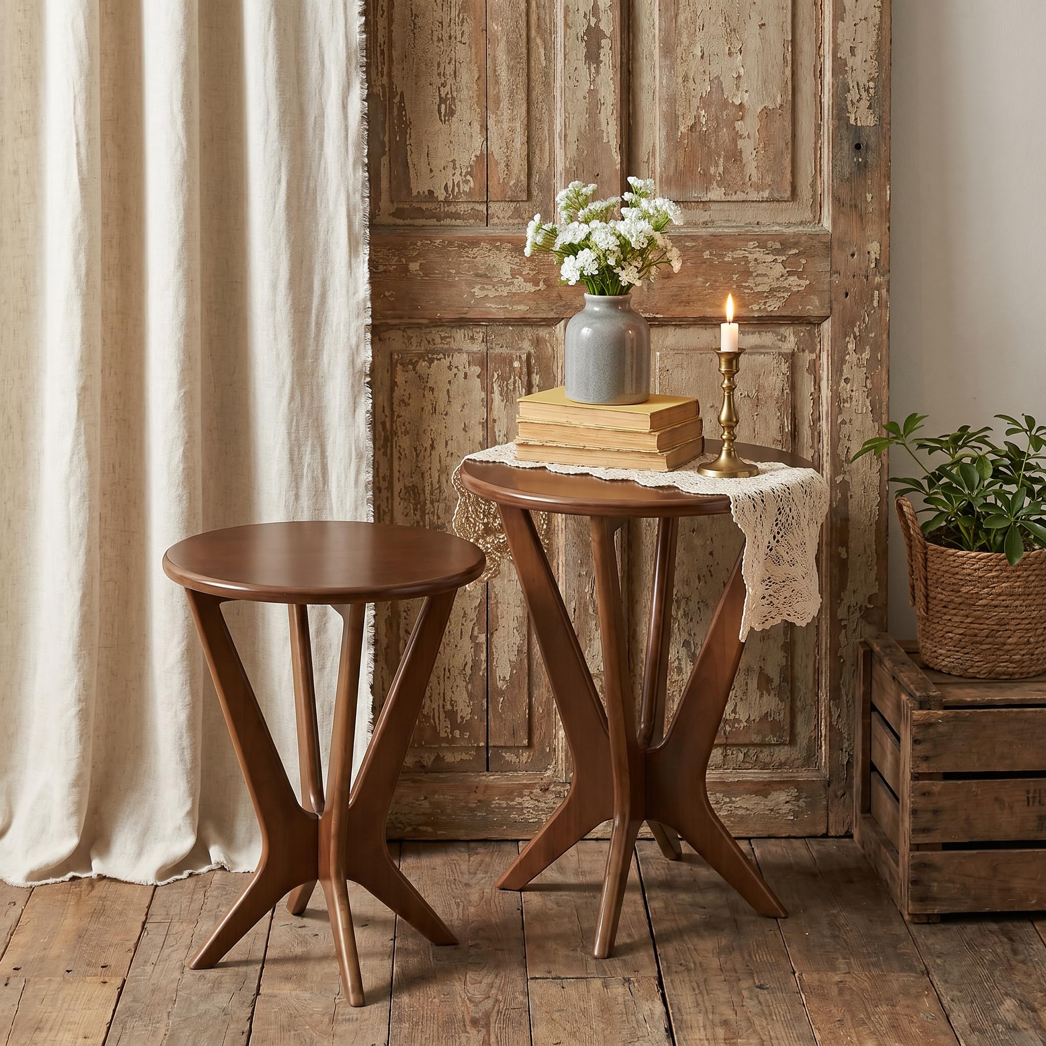 LITTLE TREE Solid Wood Round End Table, 19.7” Vintage Side Table for Small Spaces, Small Round Nightstand Bedside Table for Living Room Bedroom, Brown