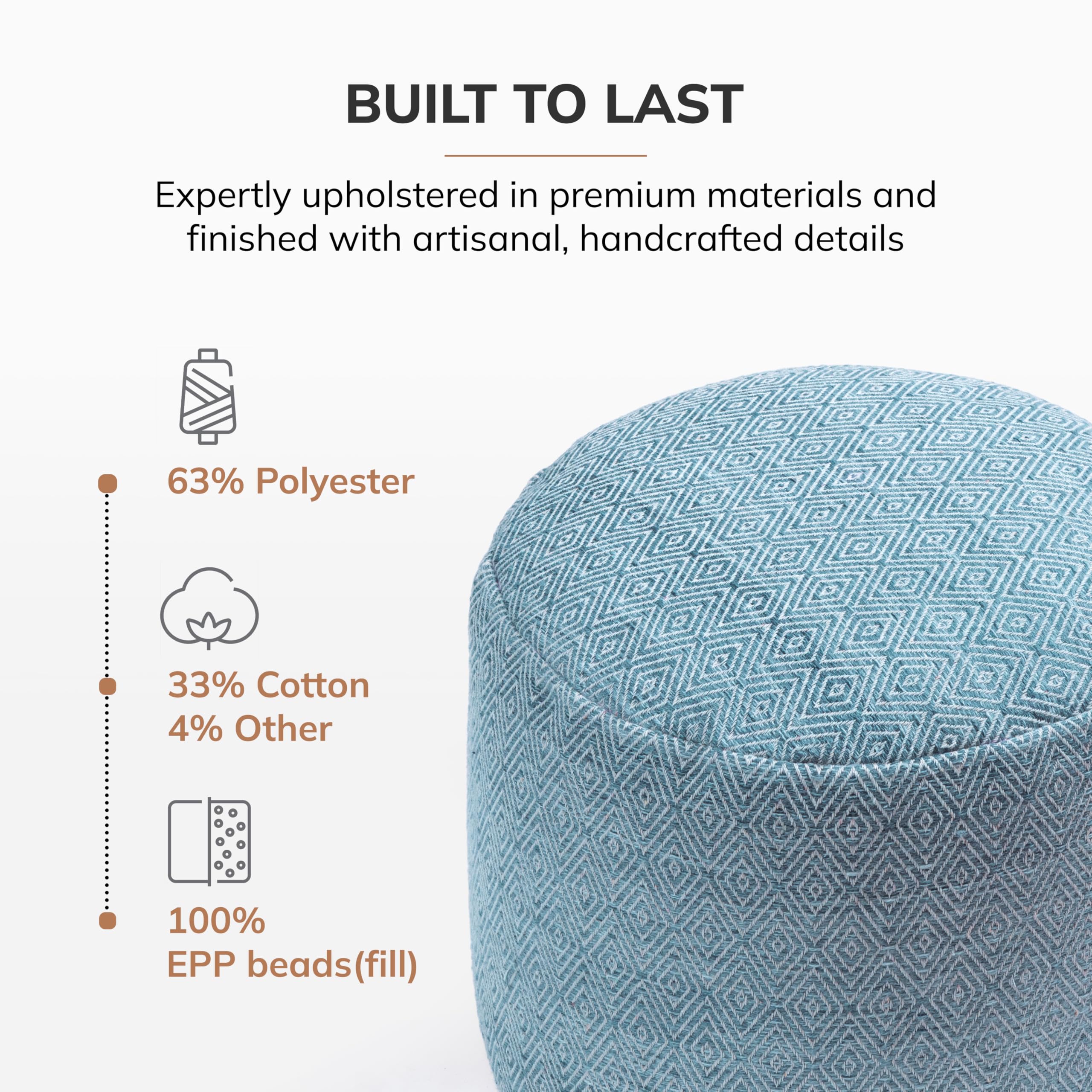 Anji Mountain Pouf Ottoman Foot Rest, Handmade Ottoman Pouf, Comfortable Foot Stool, Decorative Floor Seating for Living Room Decor, Bedroom & Home Décor Accent - Blue