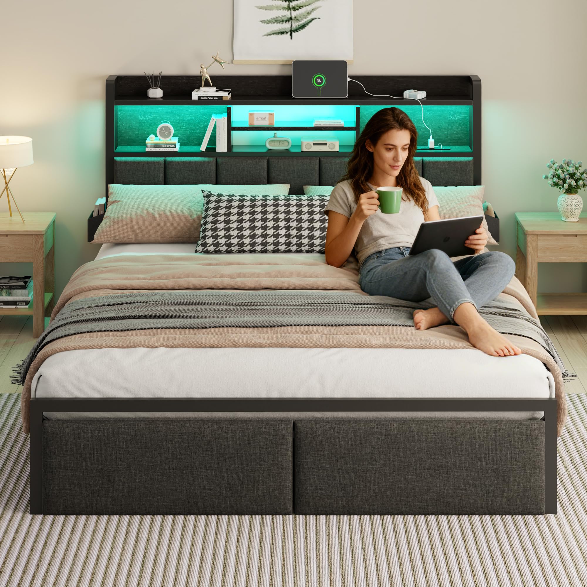 Upholstered Platform Bed Frame with Storage Drawers, LED Lights & Charging Station