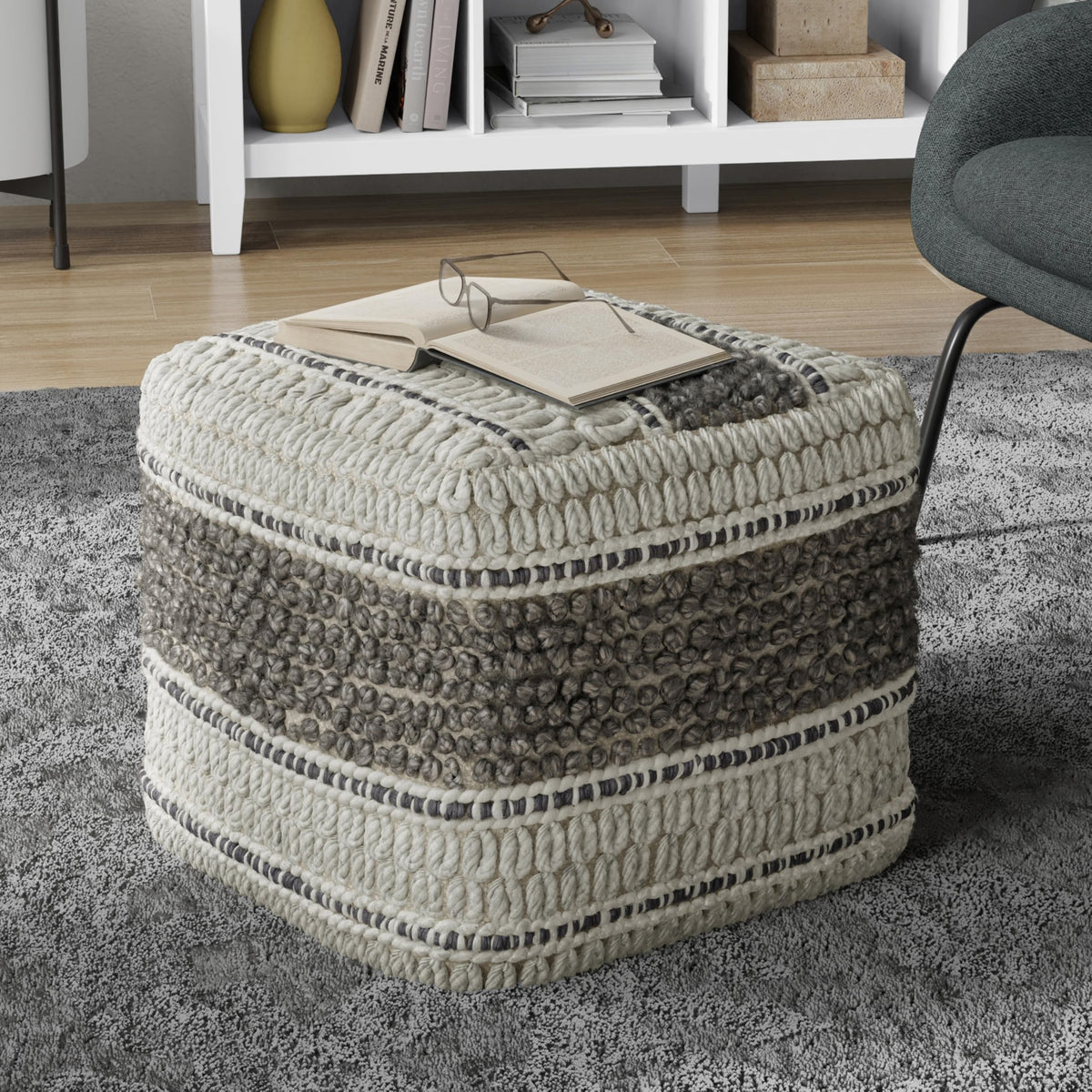 SIMPLIHOME Grady 18" Wide Square Pouf in Brown/Natural Wool and Cotton