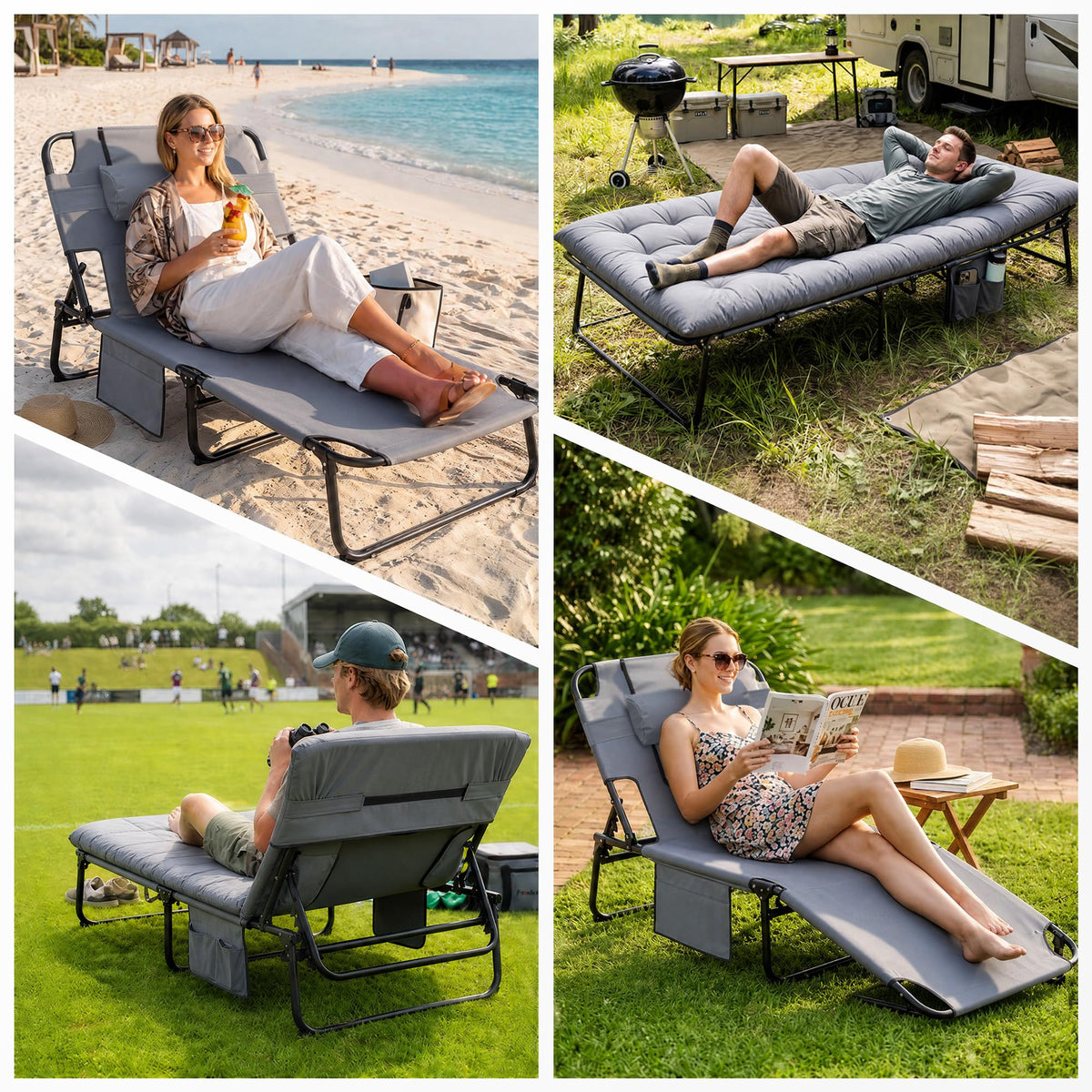 Ahsuname Tanning Chair with Face Hole, 5-Position Adjustable Backrest Beach Lounge Chair with Pillow, Side Pocket & Padded Cushion for Outdoor Patio Pool Lawn Deck, Grey