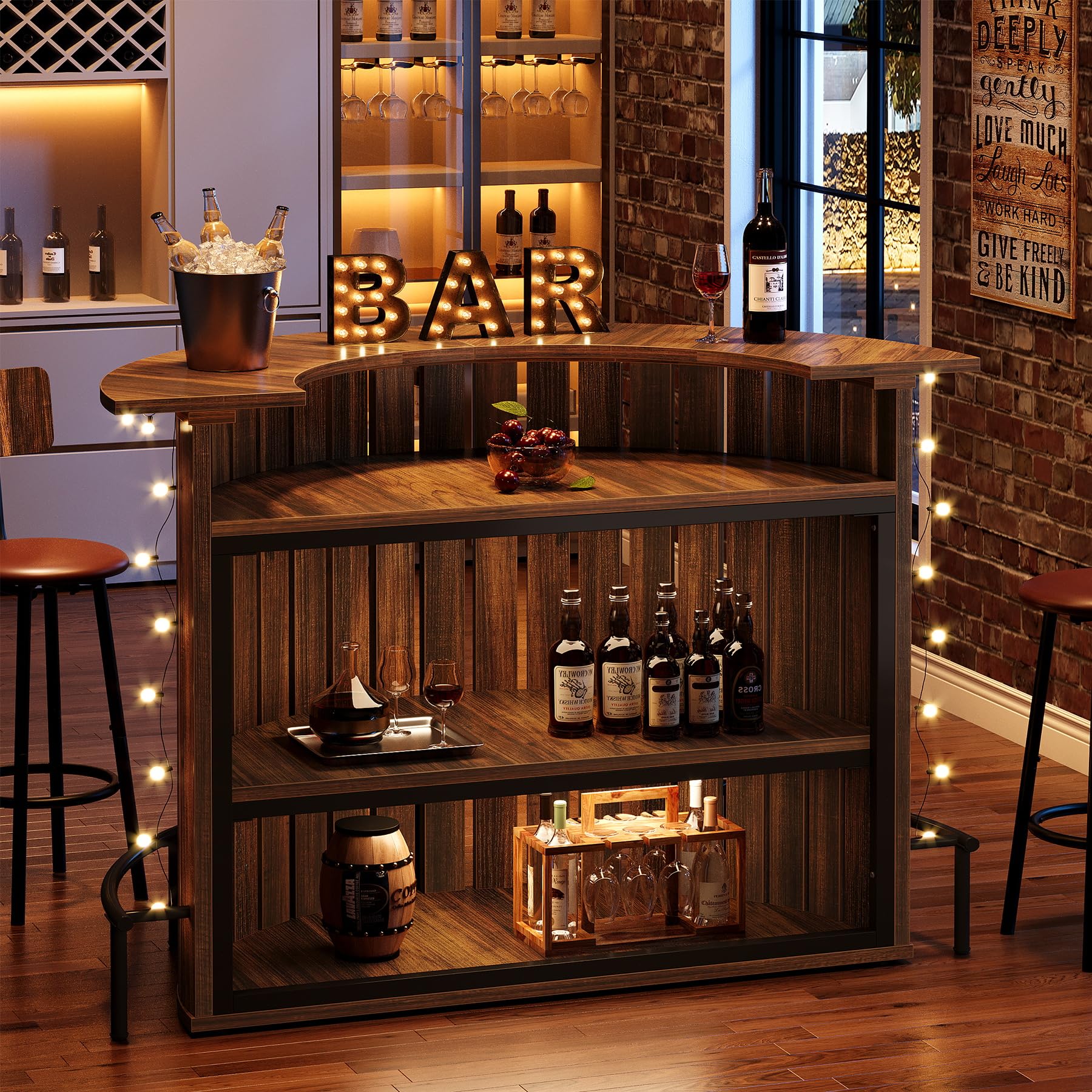 Tribesigns 4-Tier Bar Table, 47.24" Mini Home Bar Table with Footrest, Arc-Shaped Modern Bar Cabinet for Home, Living Room, Rustic Brown