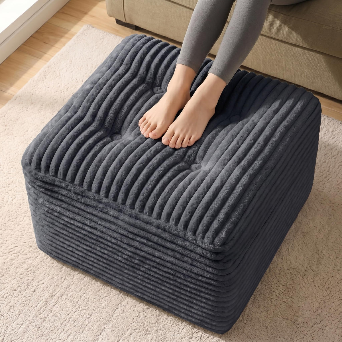 OXVIT 23.6in Pouf Ottoman, Corduroy Ottoman Foot Rest Footstool, Grey