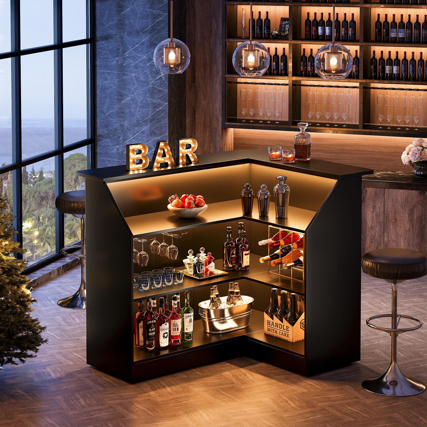 L-Shaped Corner Bar Cabinet with Stemware Racks