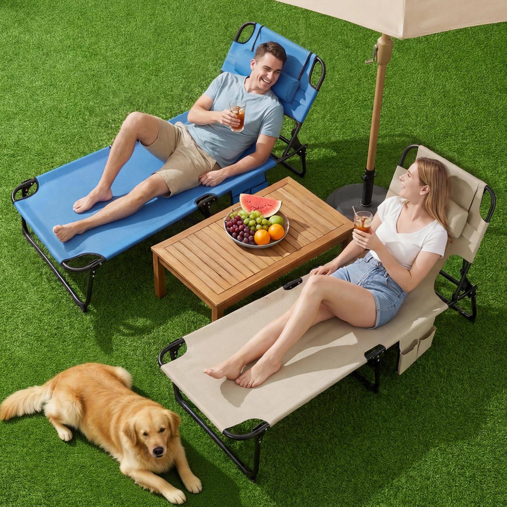 Folding Sun Tanning Lounge Chair with Face Hole, 5-Position Adjustable, 2 Side Pockets & Pillow