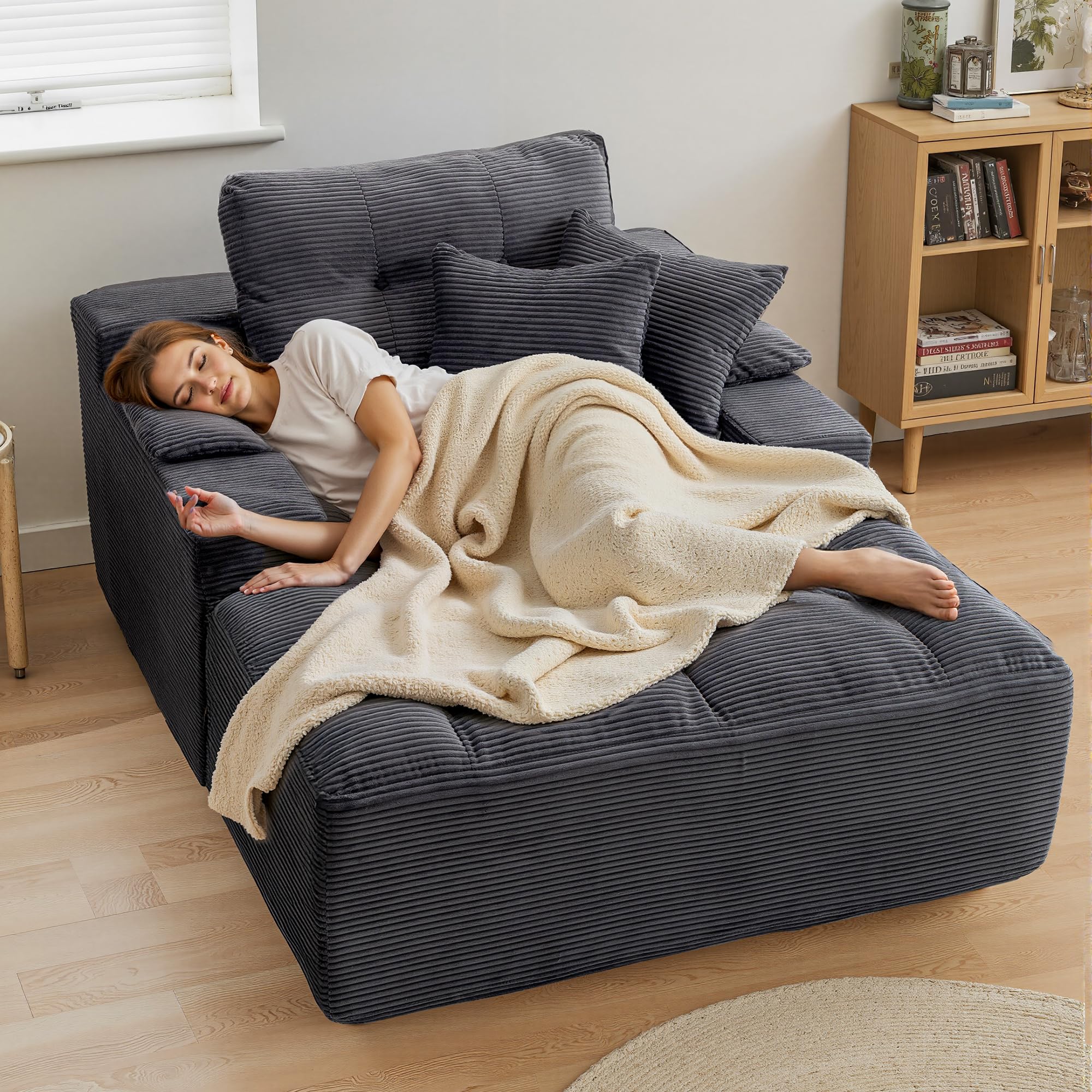 spanspace Oversized Chaise Lounge Chair Indoor, Plush Sleeper Sofa Couch Reading Chairs with Throw Pillows and Removable Armrest Pads for Living Room, No Assembly Required