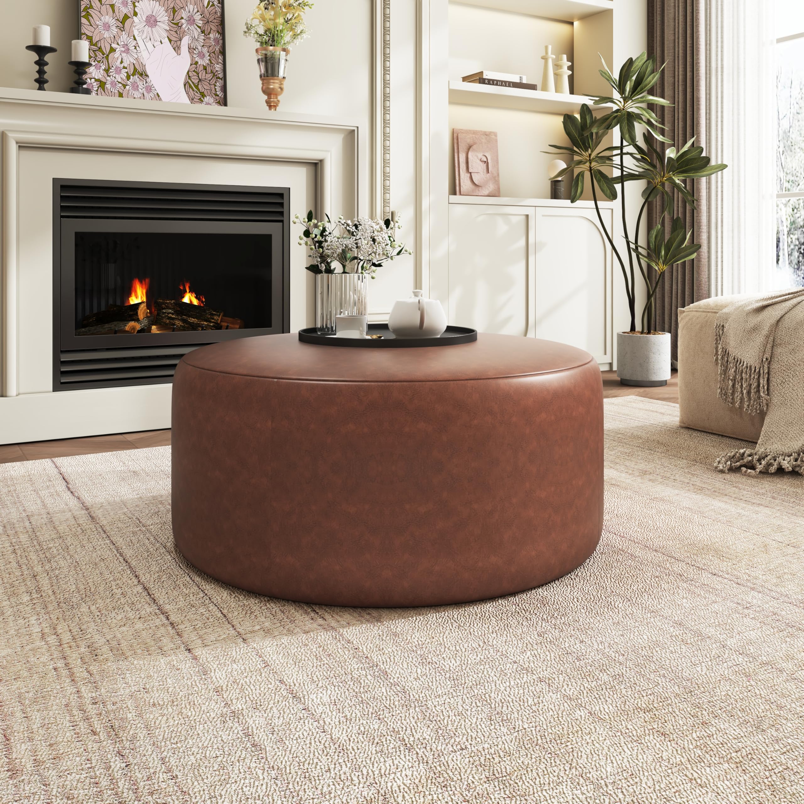 Christopher Knight Home GAVI 30" Ottoman Foot Stool, Faux Leather Pouf Footstool Ottoman Seat, Upholstered Foot Chair, Round Footrest, Modern Side Table for Living Room Bedroom Home Decor, Brown