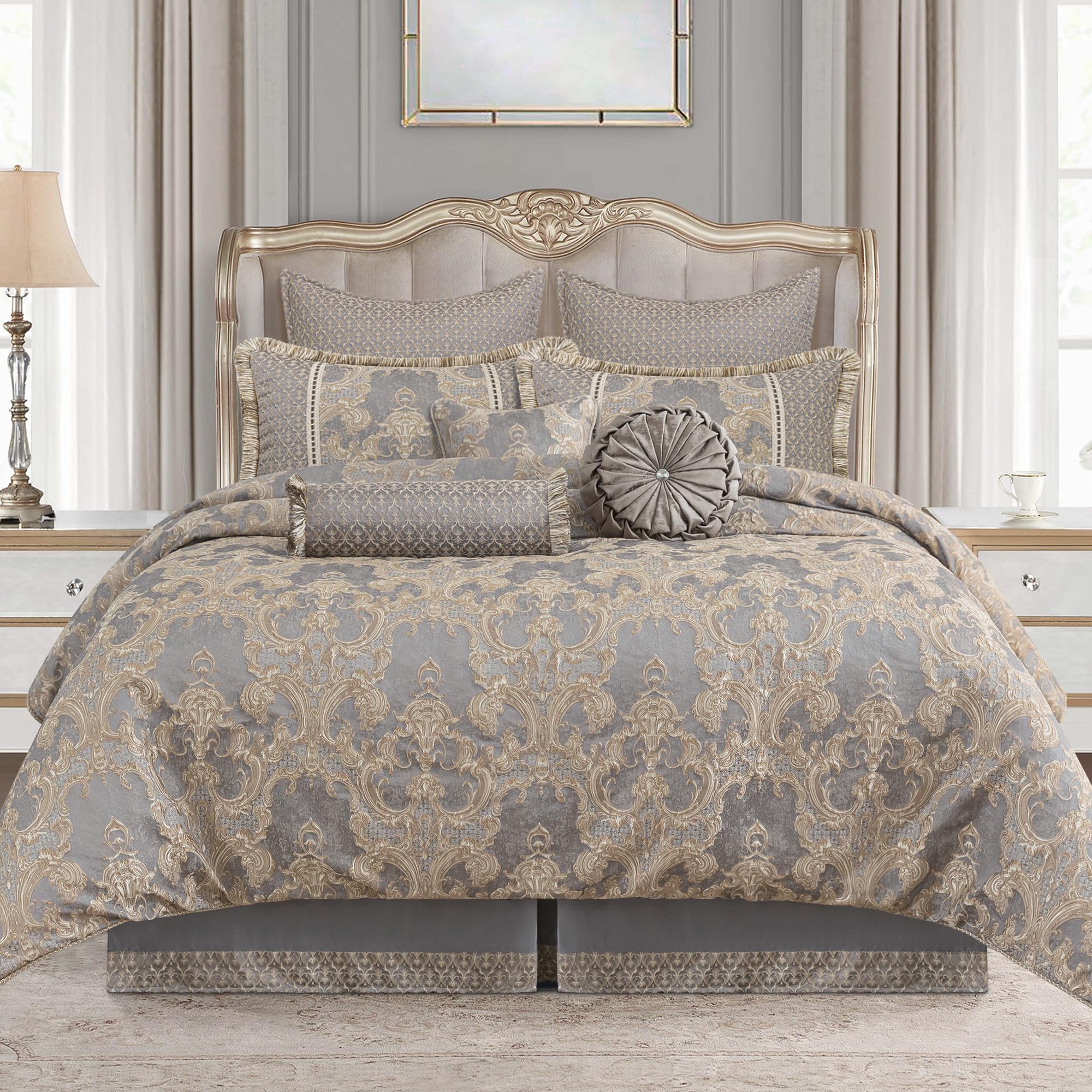 9-Piece Jacquard Comforter Set – Damask, Gray & Beige Brown