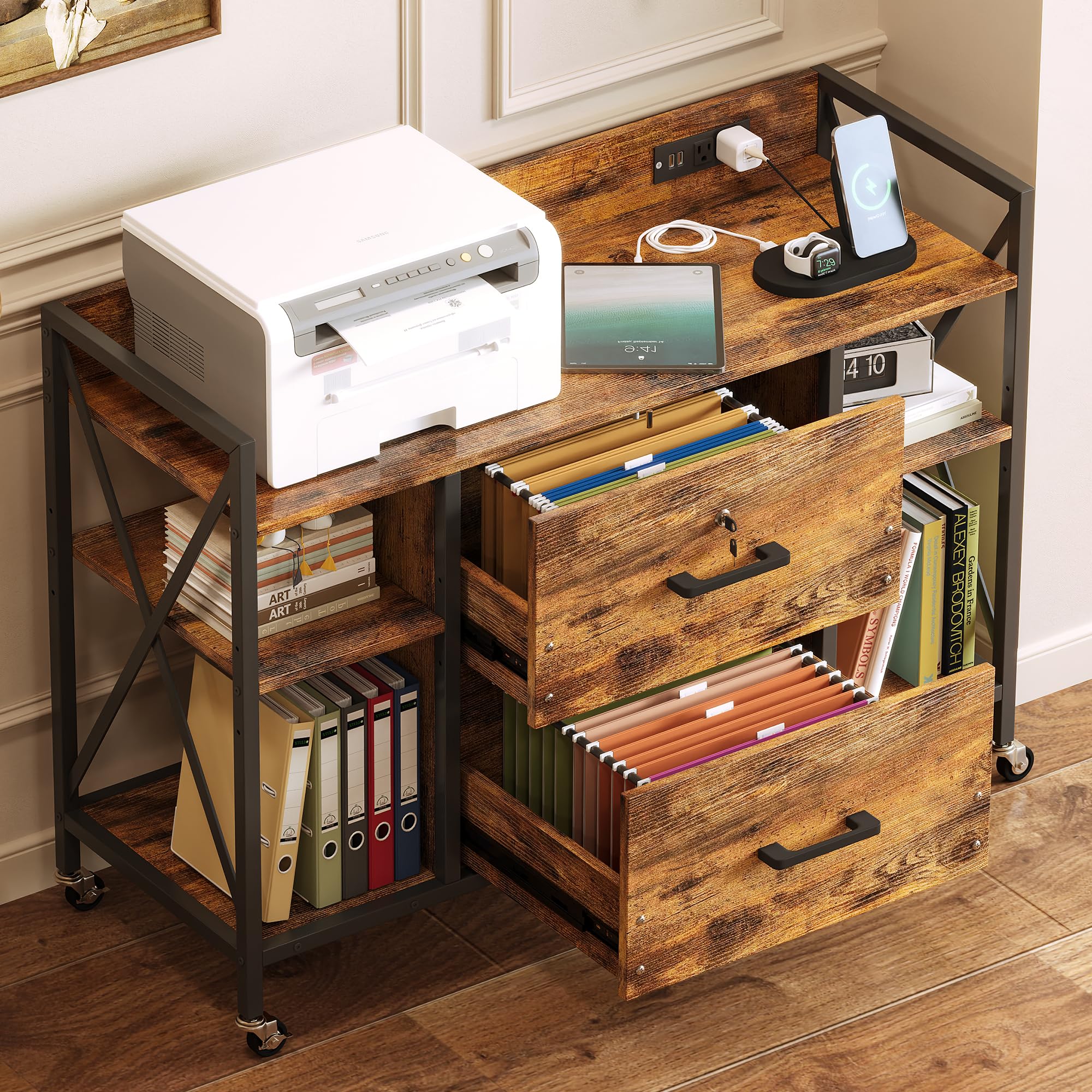 Rolling File Cabinet with Power Outlets & Locking Drawers
