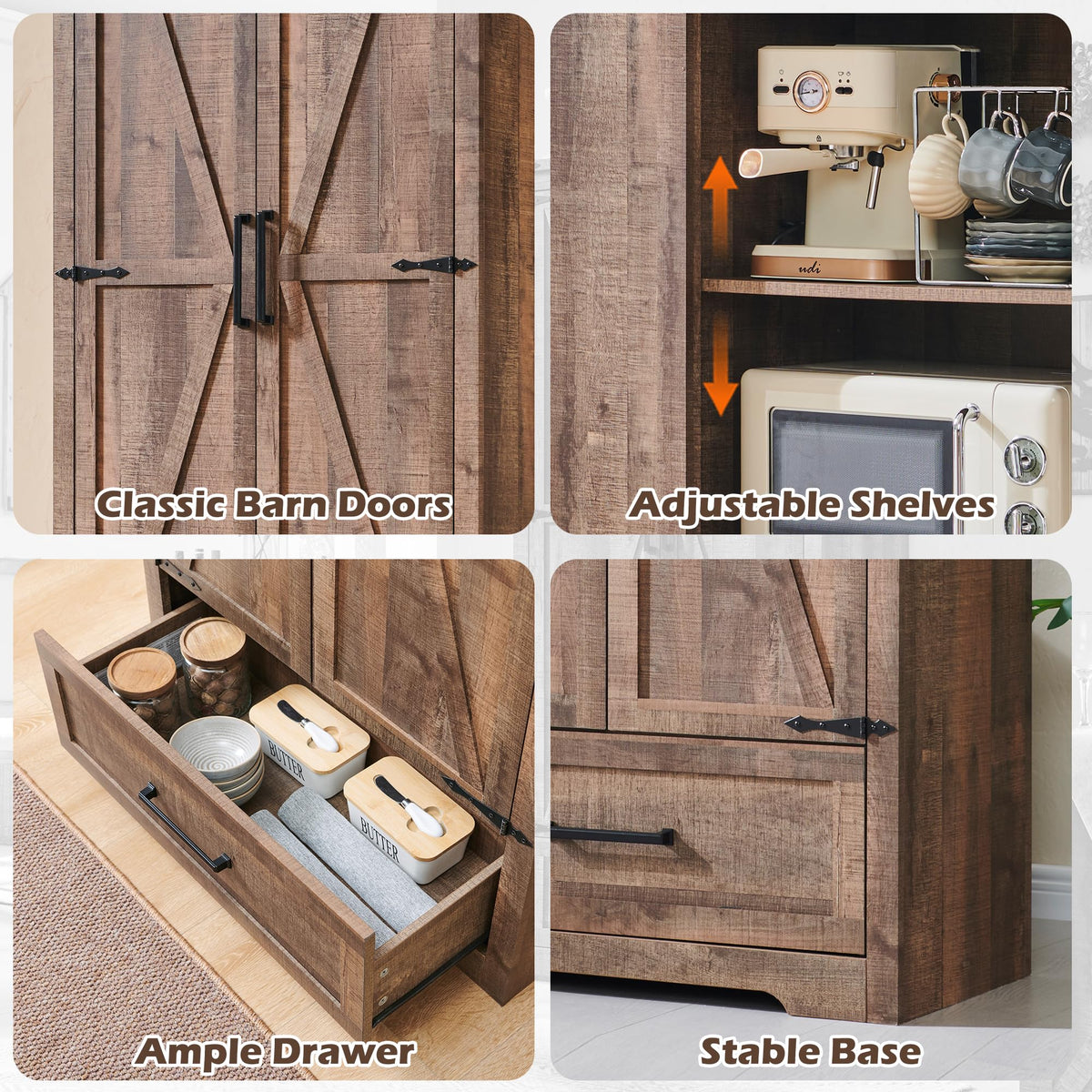 XIASLO 72" Tall Wood Storage Cabinet, Farmhouse Kitchen Pantry Cabinet with Adjustable Shelves & Drawer & Barn Doors, Versatile Storage for Kitchen, Dining Room, Bathroom, Light Brown