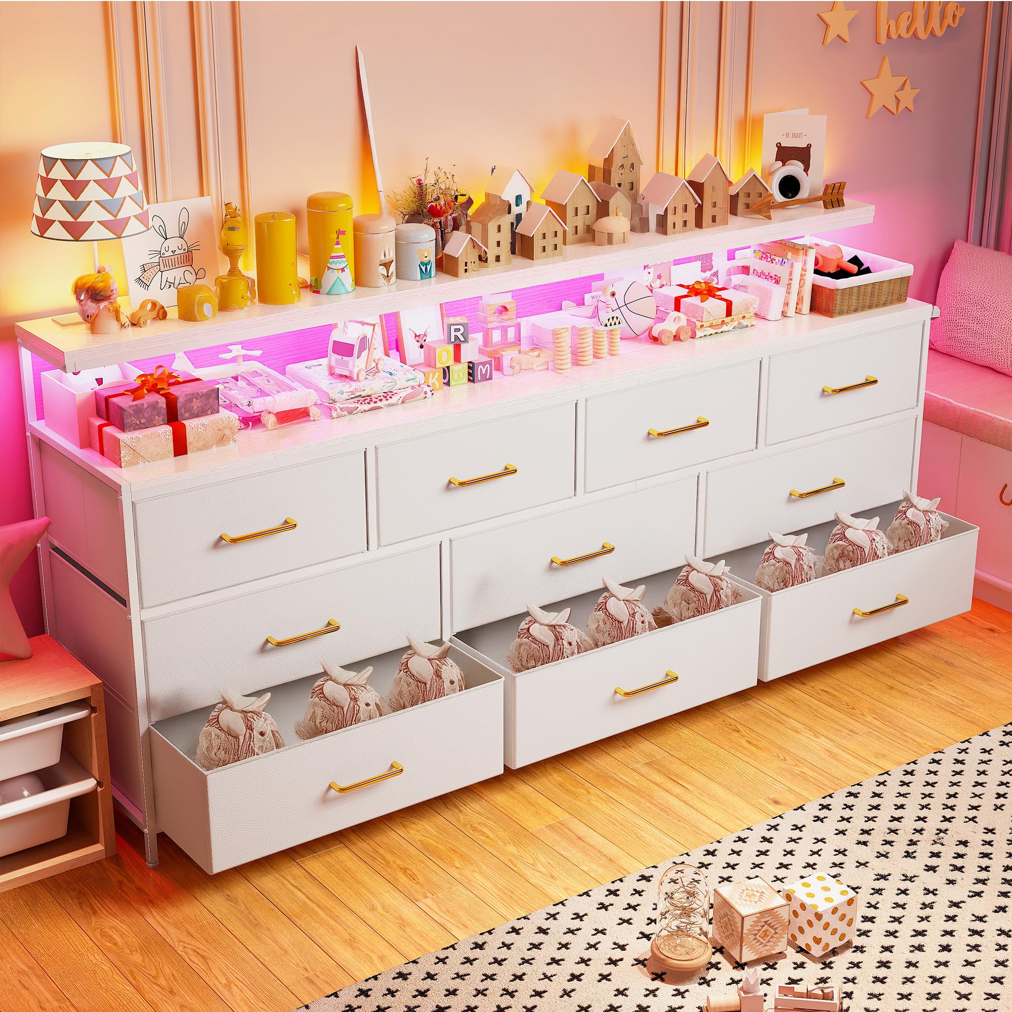EnHomee 55" W White Dresser for Bedroom with 10 Fabric Drawers Long Dressers & Chests of Drawers with LED Lights & Power Outlets Large Dresser for Bedroom for Hallway, Metal Frame, White