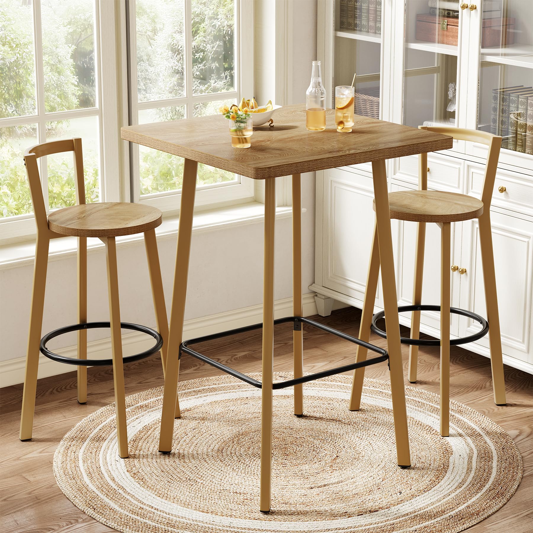 Bar Table and 2-Chair Set with Footrest, Oak